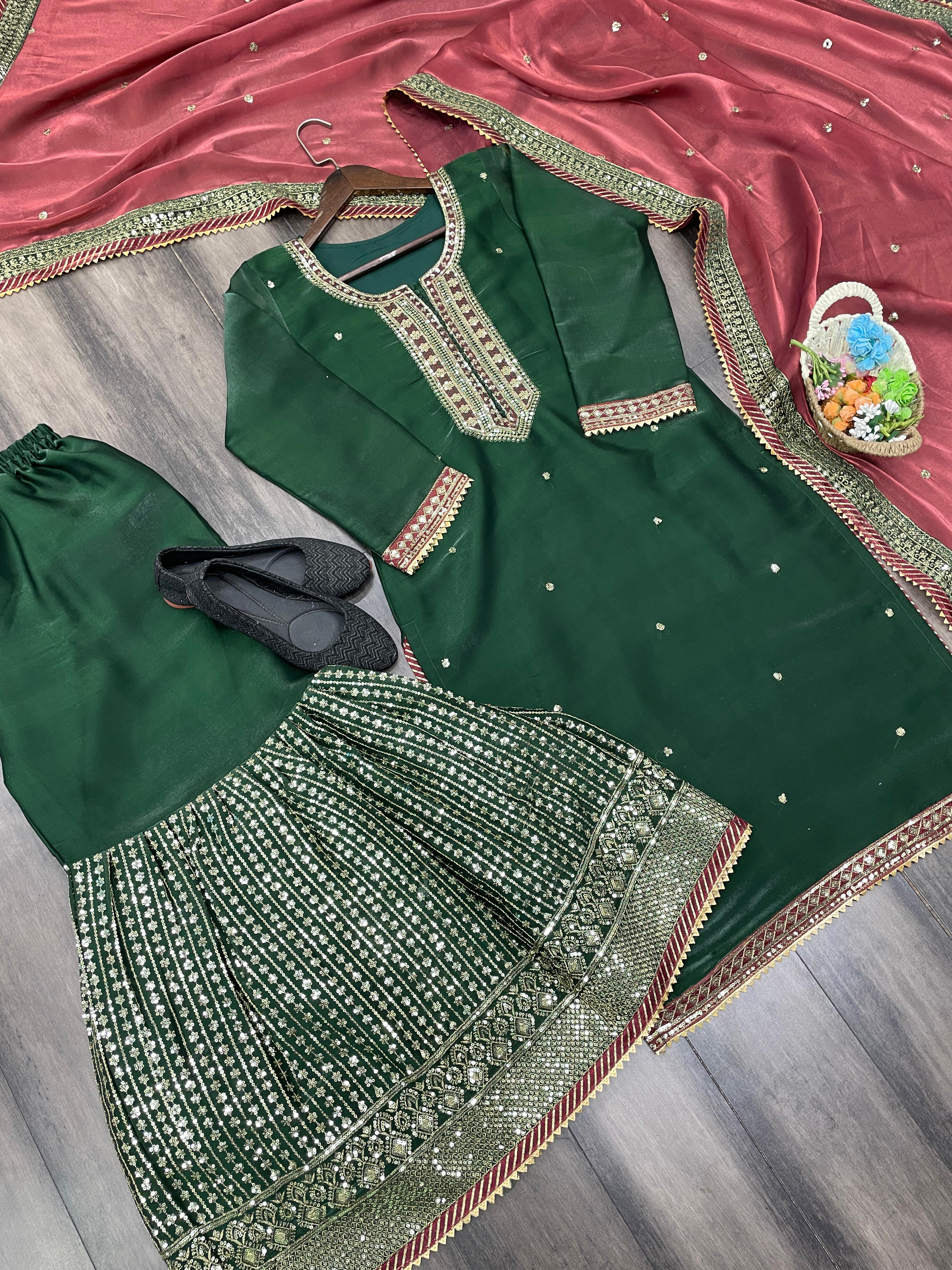 Pakistani Style Green Color Sequence Work Sharara Suit