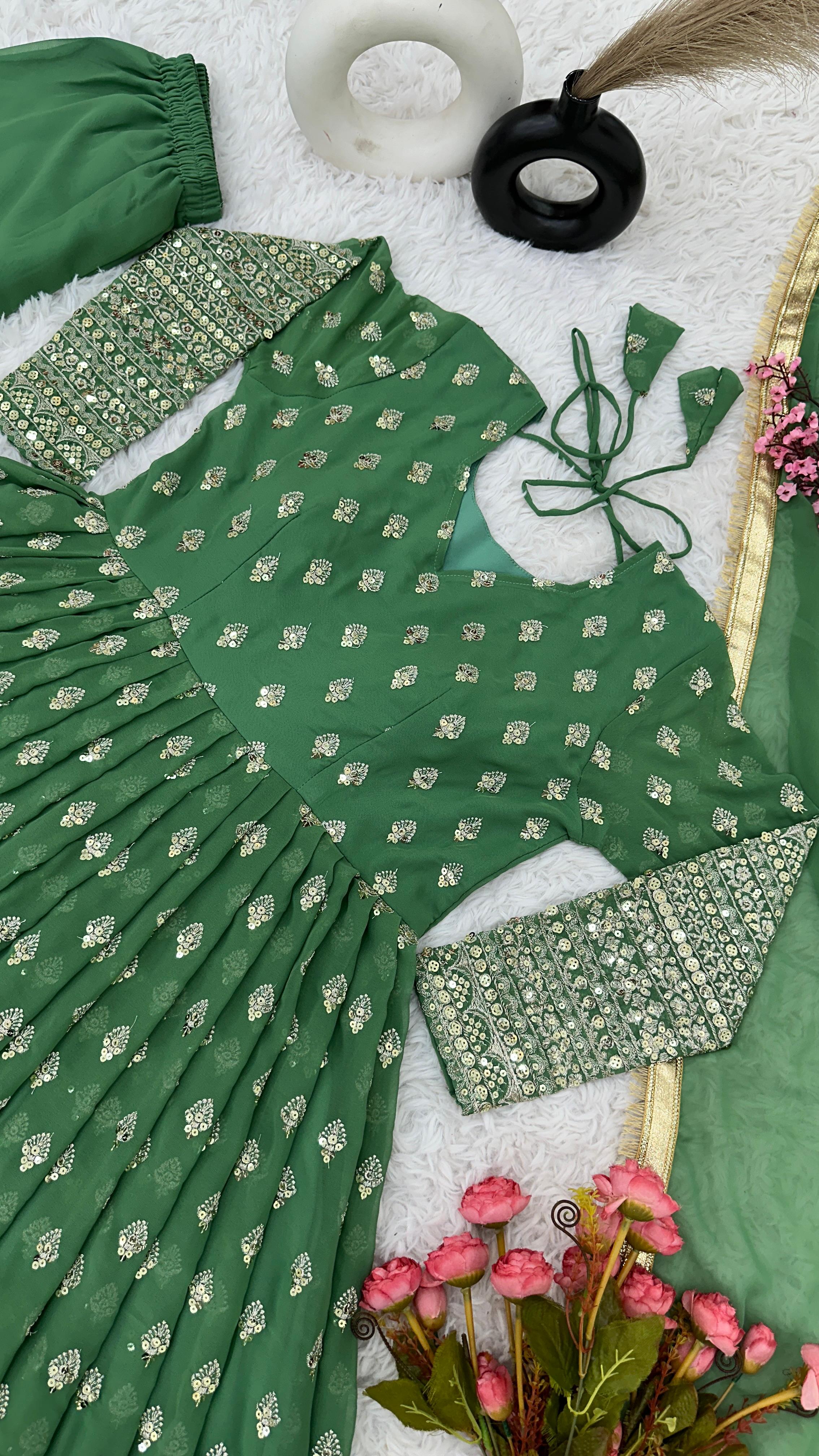 Delightful Green Color Gown With Embroidered Work Dupatta