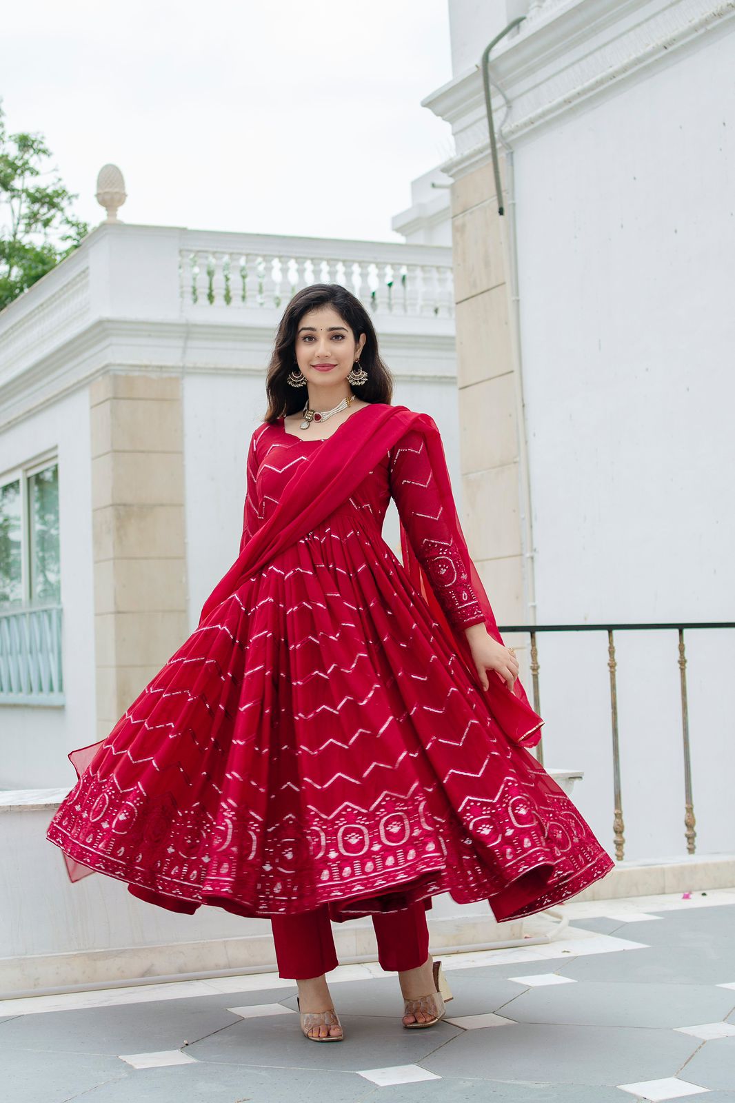 Designer Georgette Red Color Embroidery Work Anarkali Gown