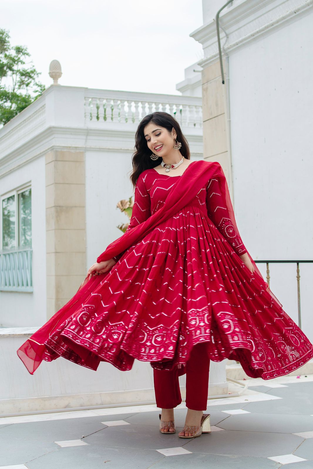 Designer Georgette Red Color Embroidery Work Anarkali Gown