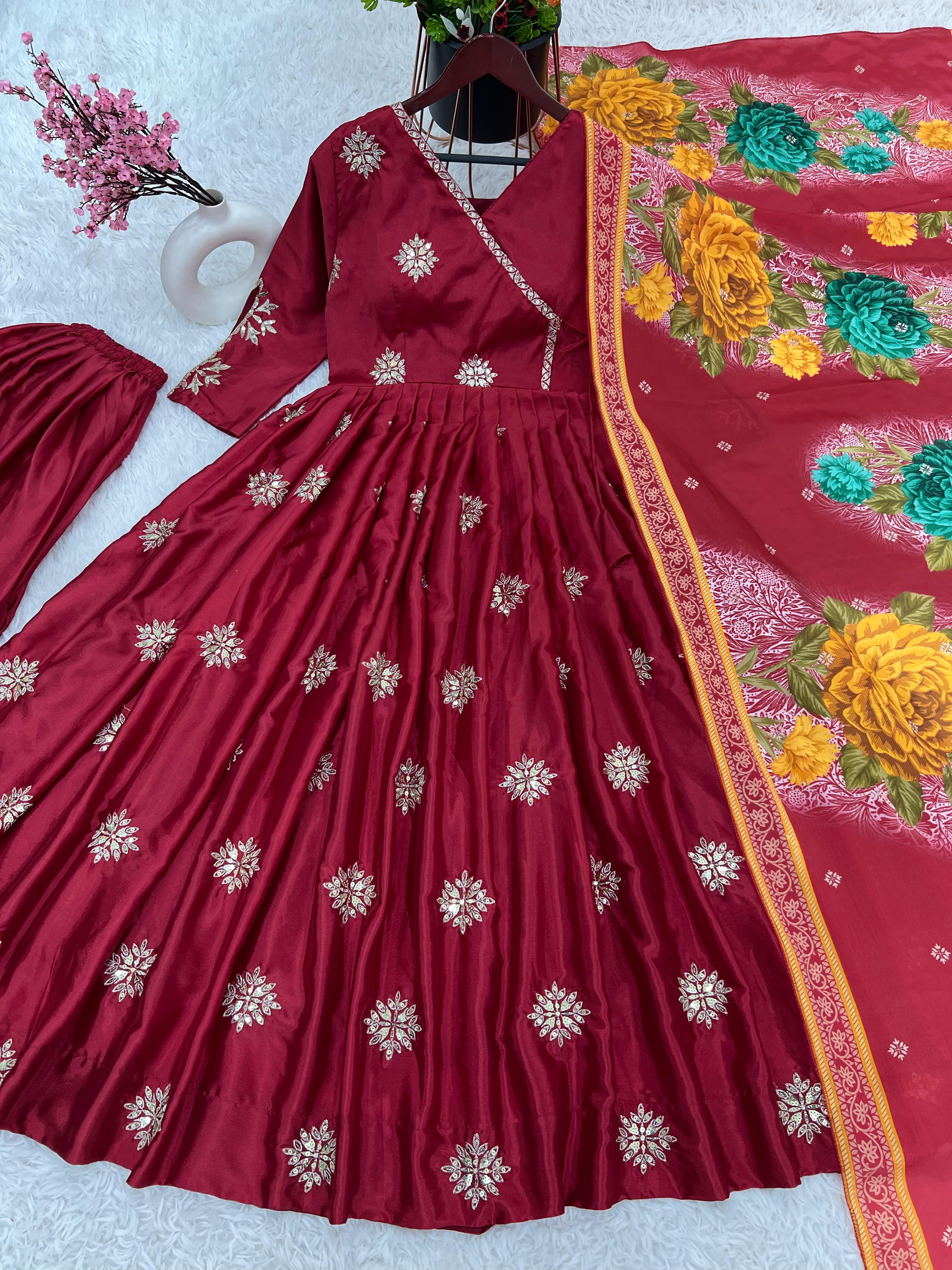 Elegant Chinnon Silk Red Color Embroidery Work Anarkali Gown