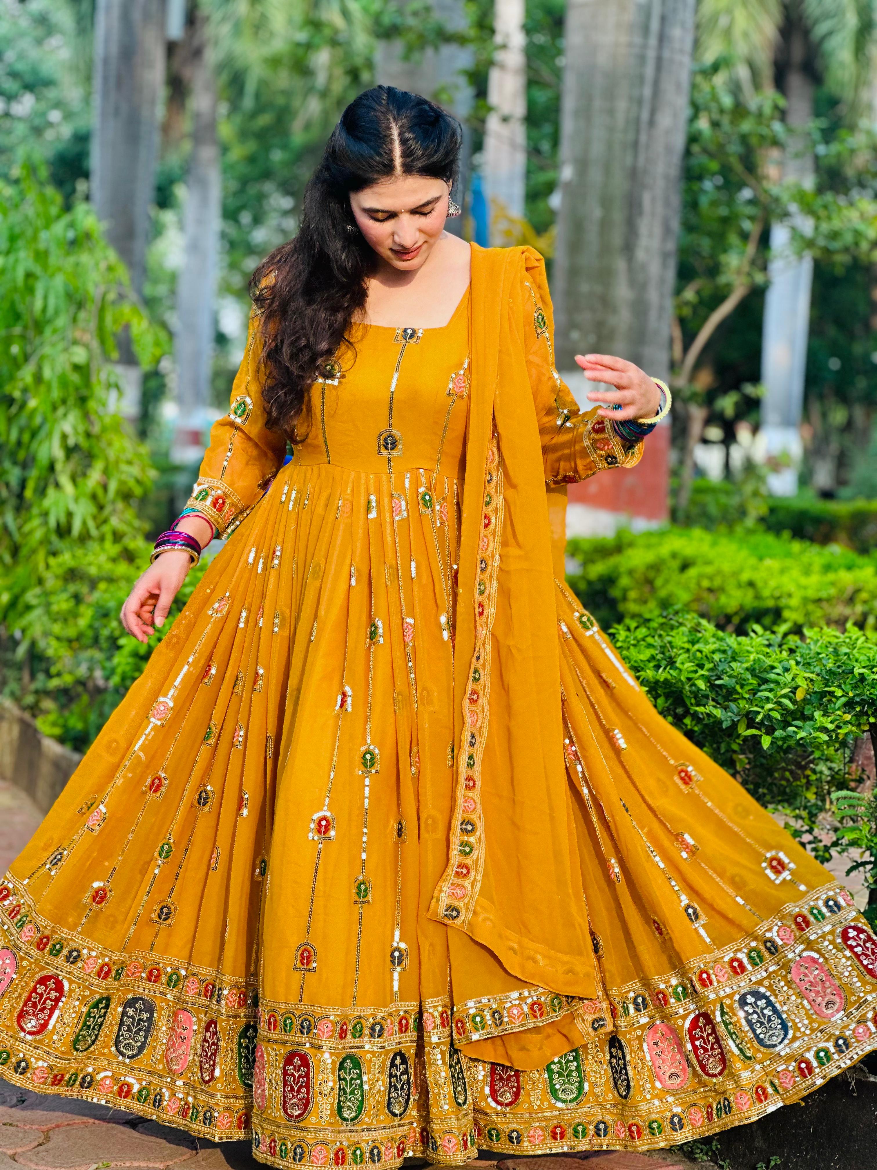 Fancy Multi Embroidery Work Yellow Georgette Anarkali Gown