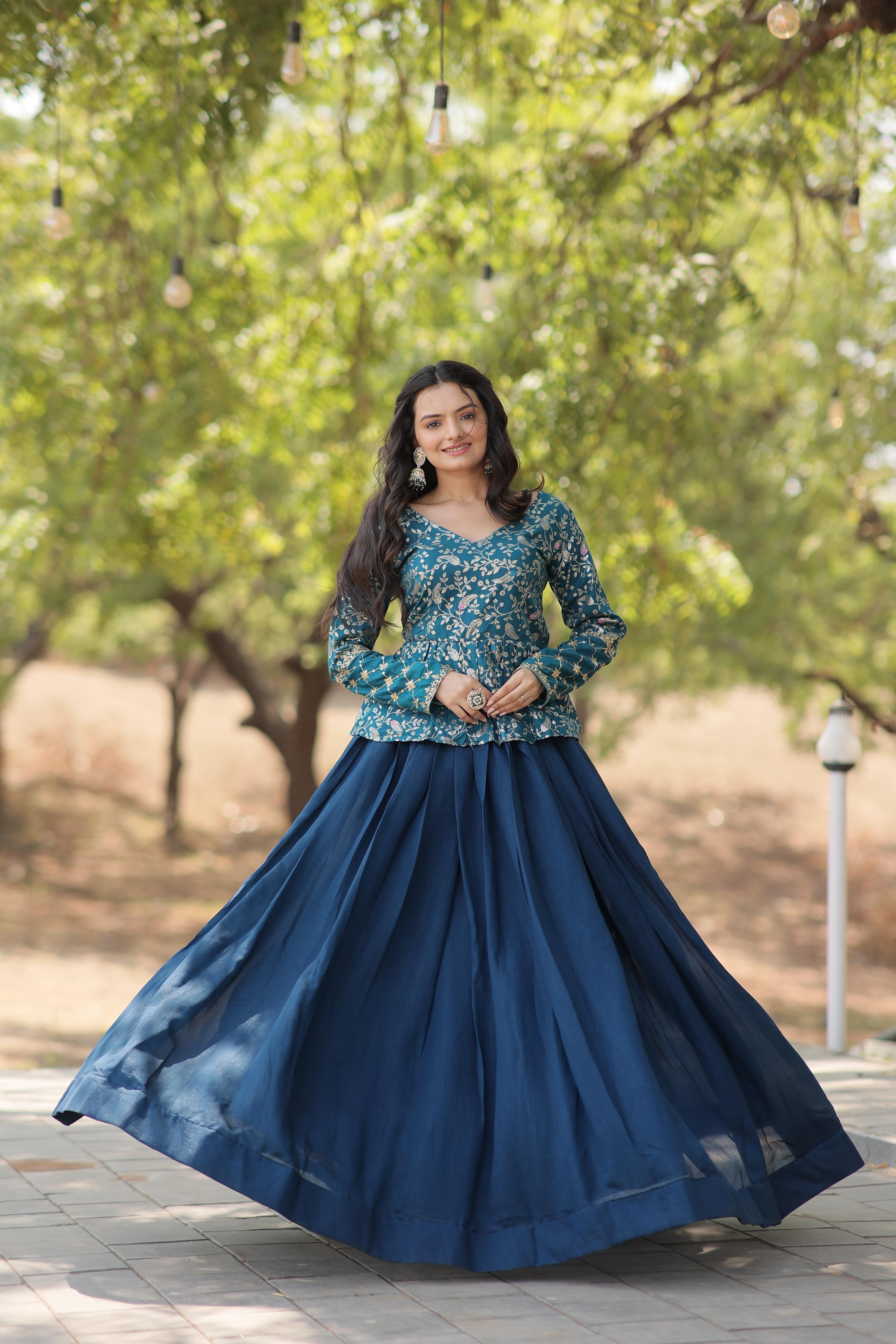 Glossy Teal Blue Color Plain Lehenga With Jacquard Work Top