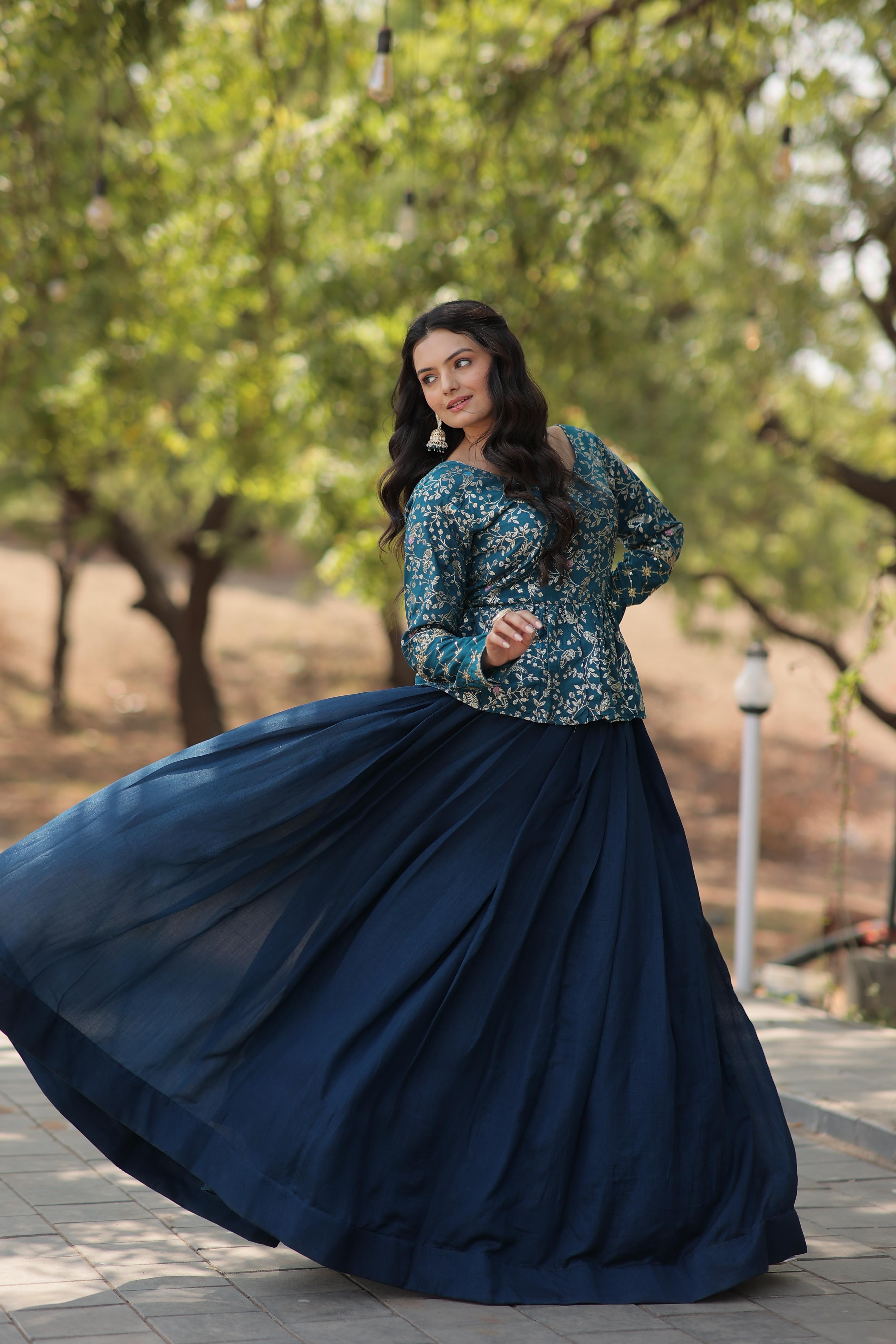 Glossy Teal Blue Color Plain Lehenga With Jacquard Work Top