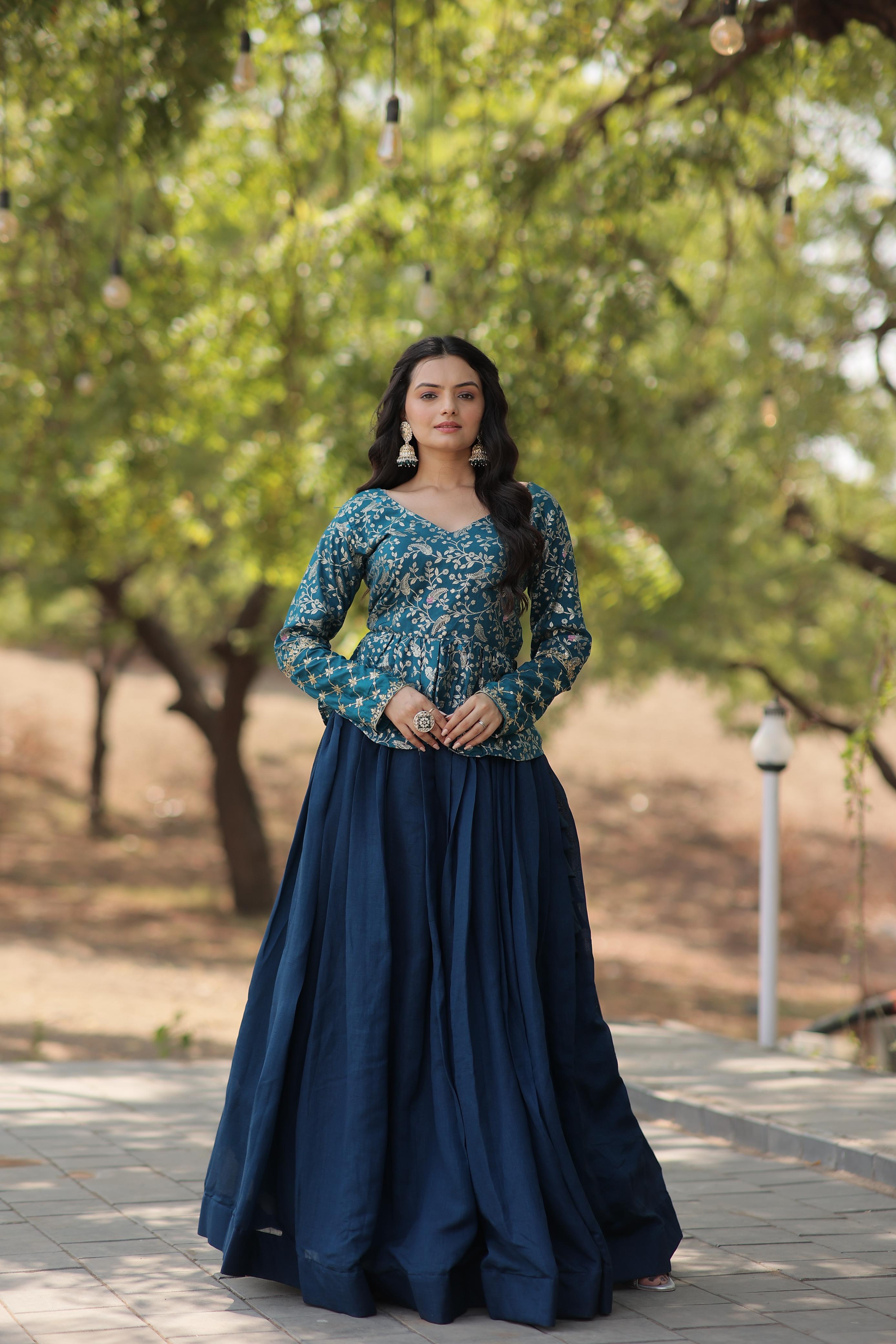 Glossy Teal Blue Color Plain Lehenga With Jacquard Work Top