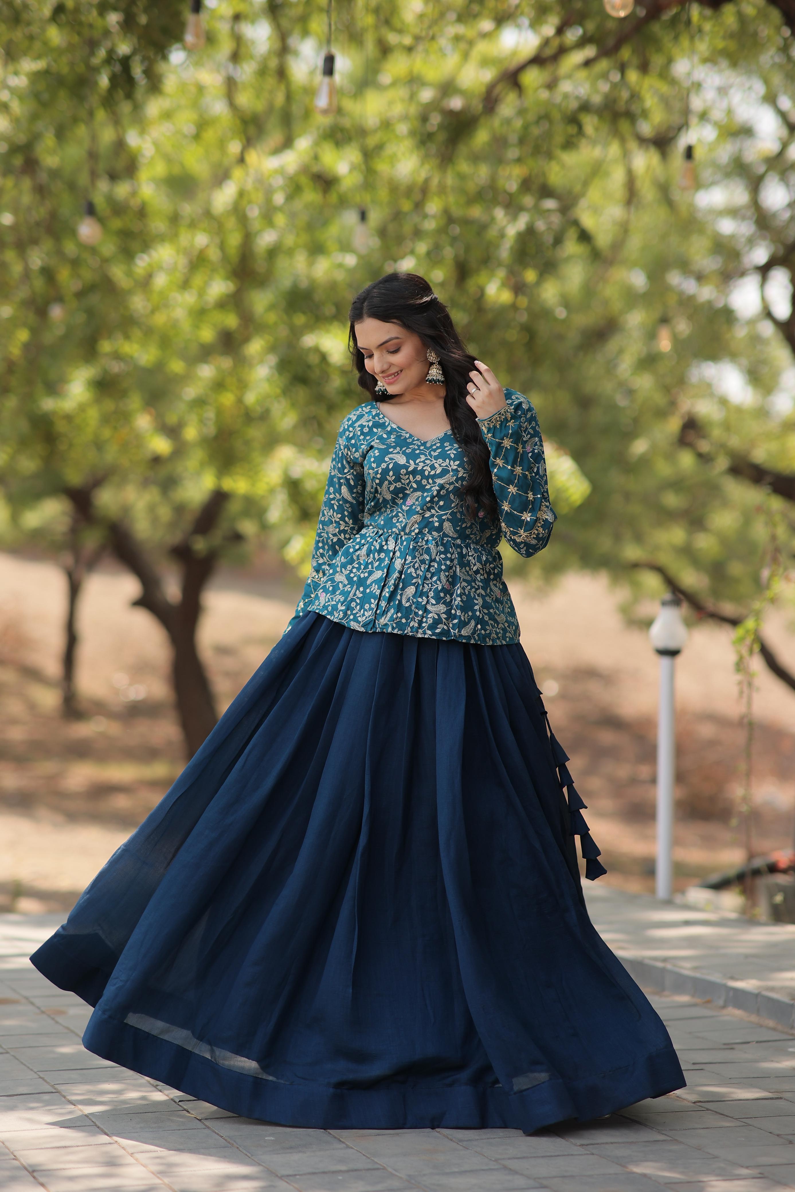 Glossy Teal Blue Color Plain Lehenga With Jacquard Work Top