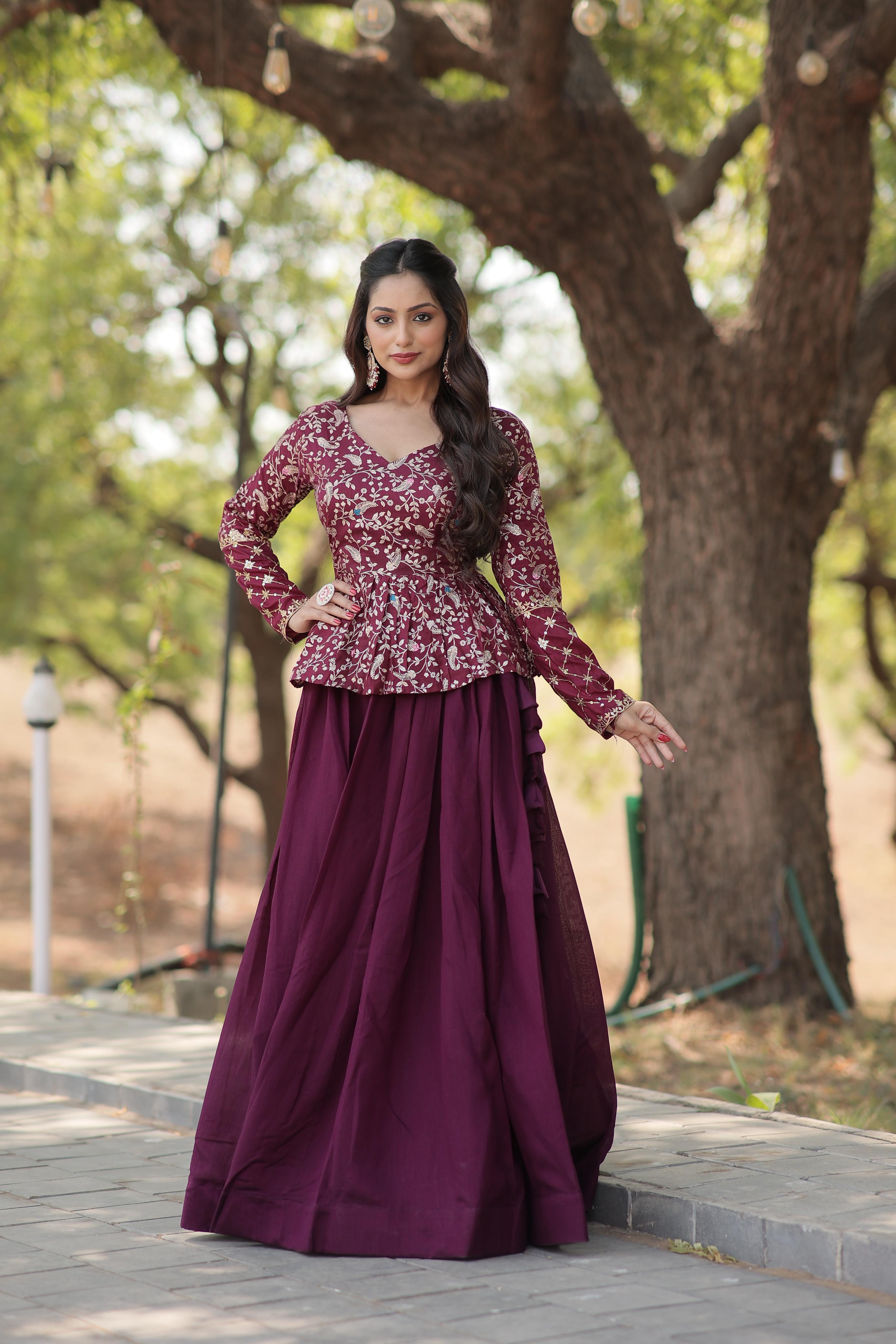 Glossy WIne Color Plain Lehenga With Jacquard Work Top