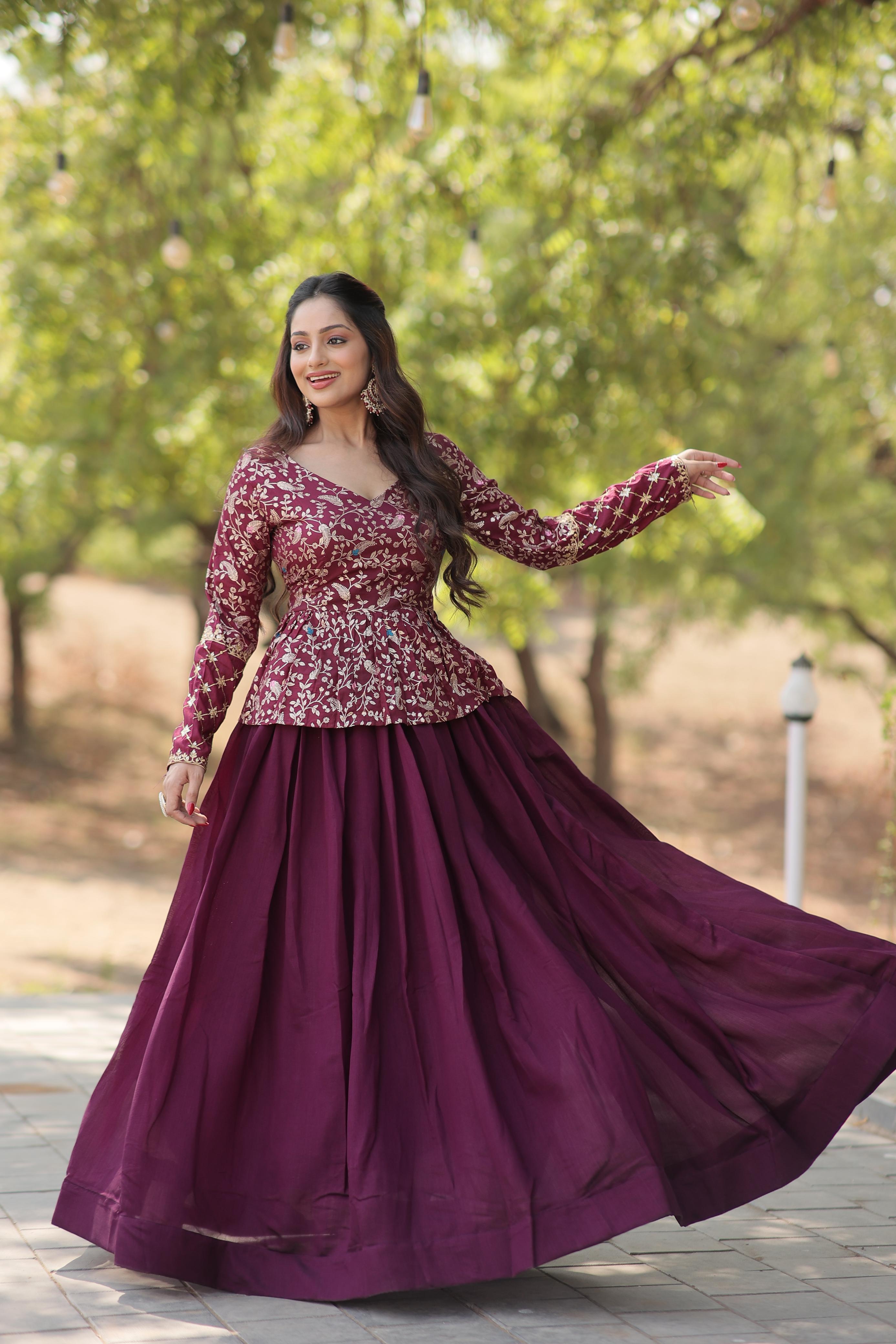 Glossy WIne Color Plain Lehenga With Jacquard Work Top