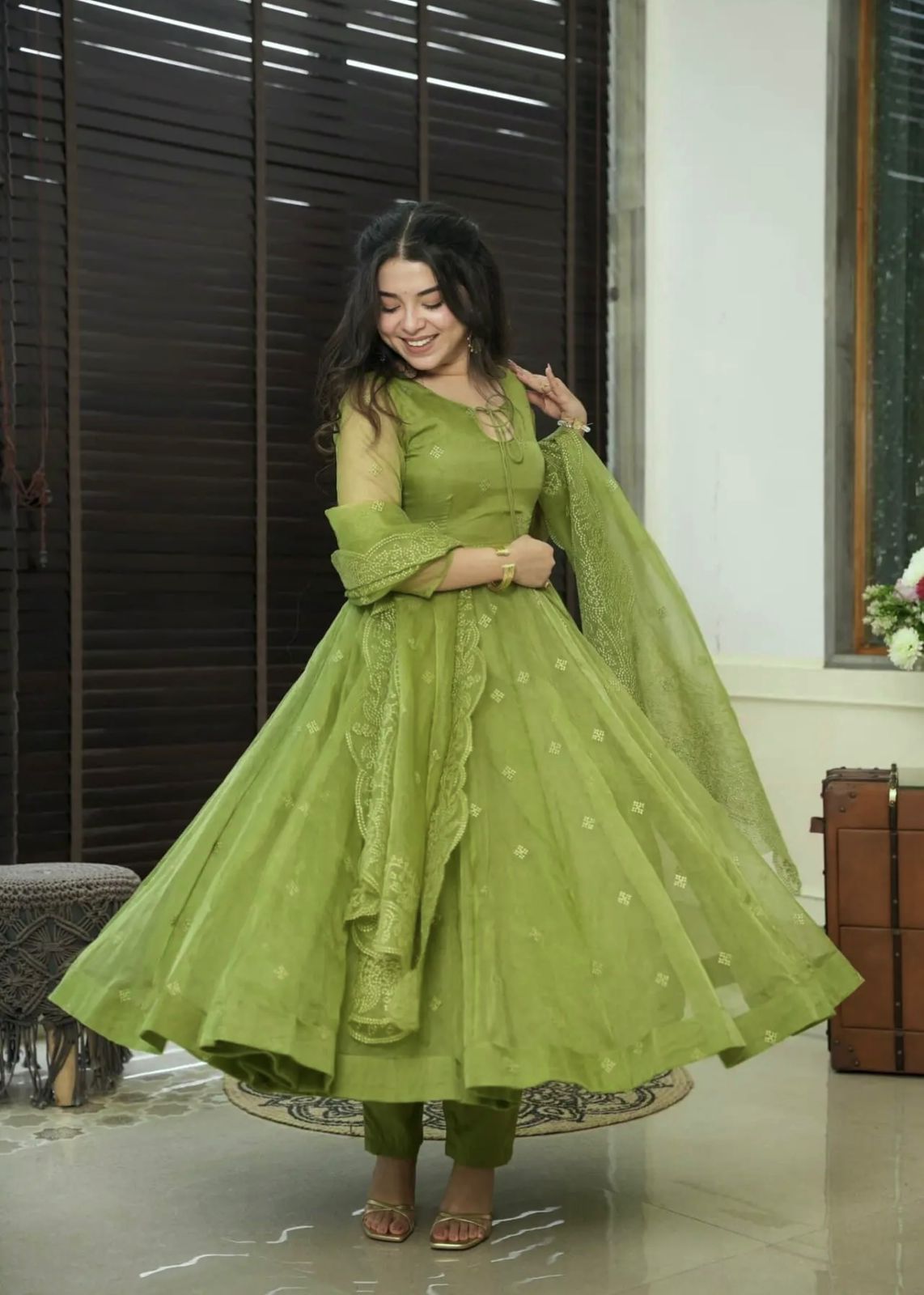 Elegant Georgette Green Color Embroidery Work Anarkali Gown