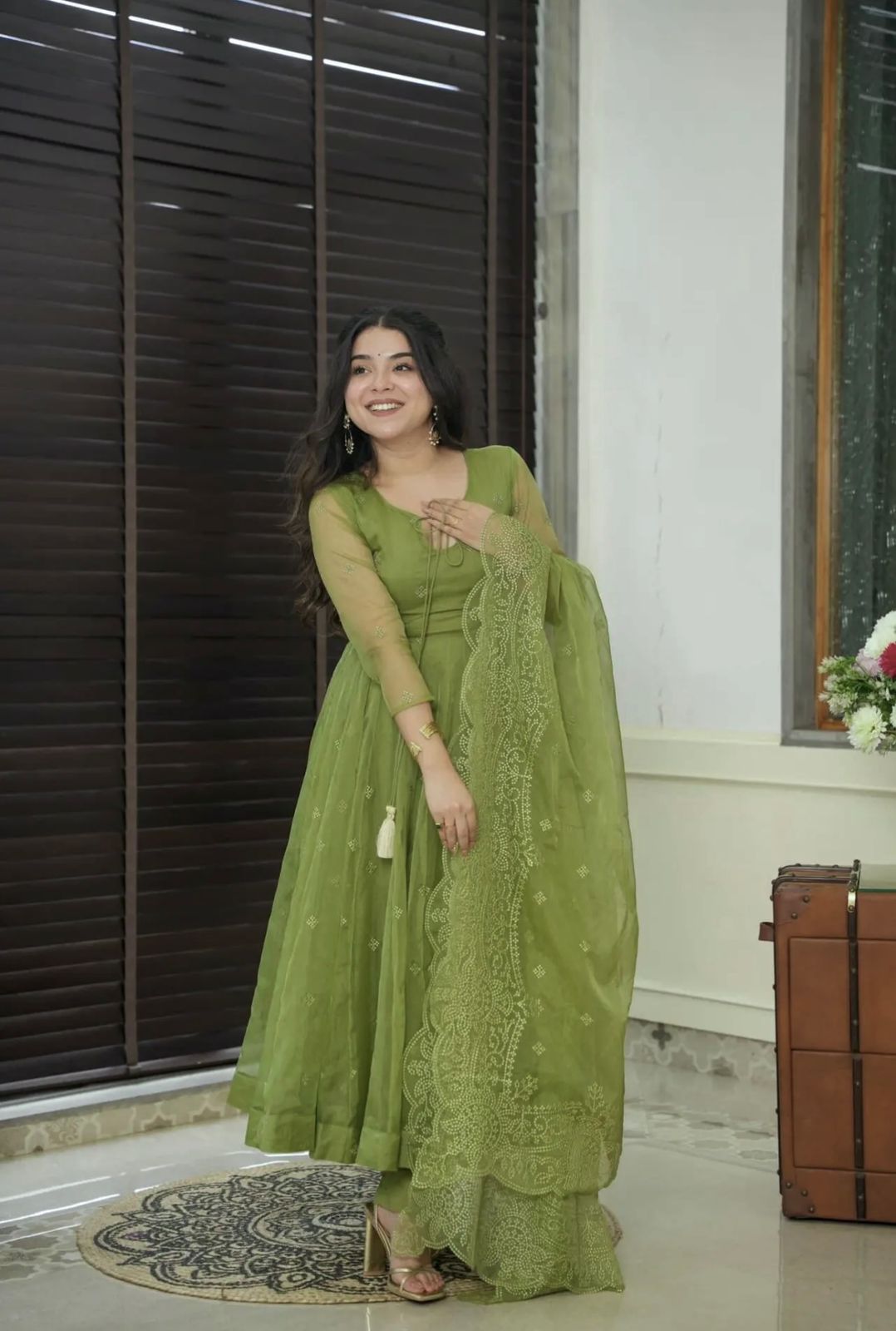 Elegant Georgette Green Color Embroidery Work Anarkali Gown