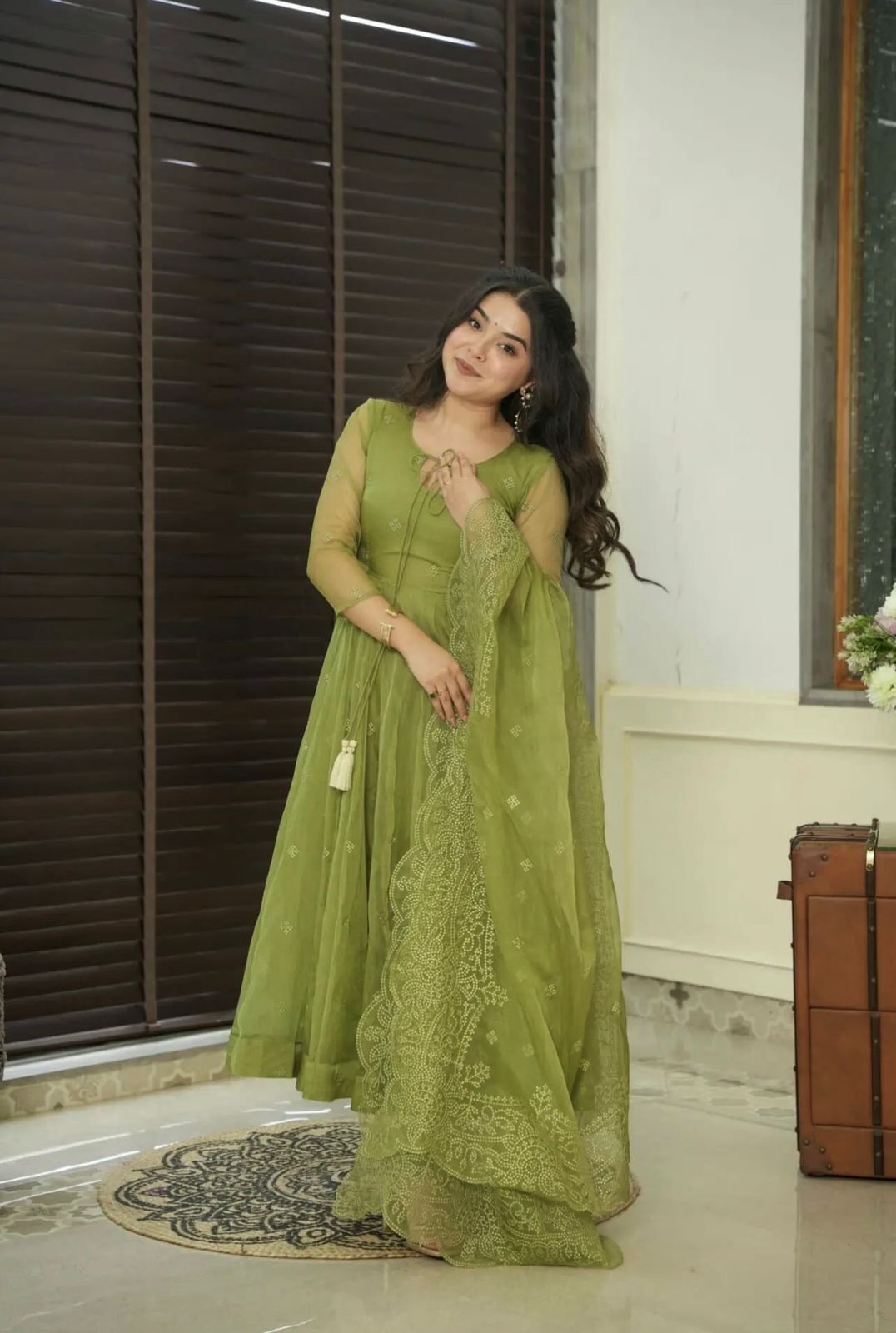 Elegant Georgette Green Color Embroidery Work Anarkali Gown