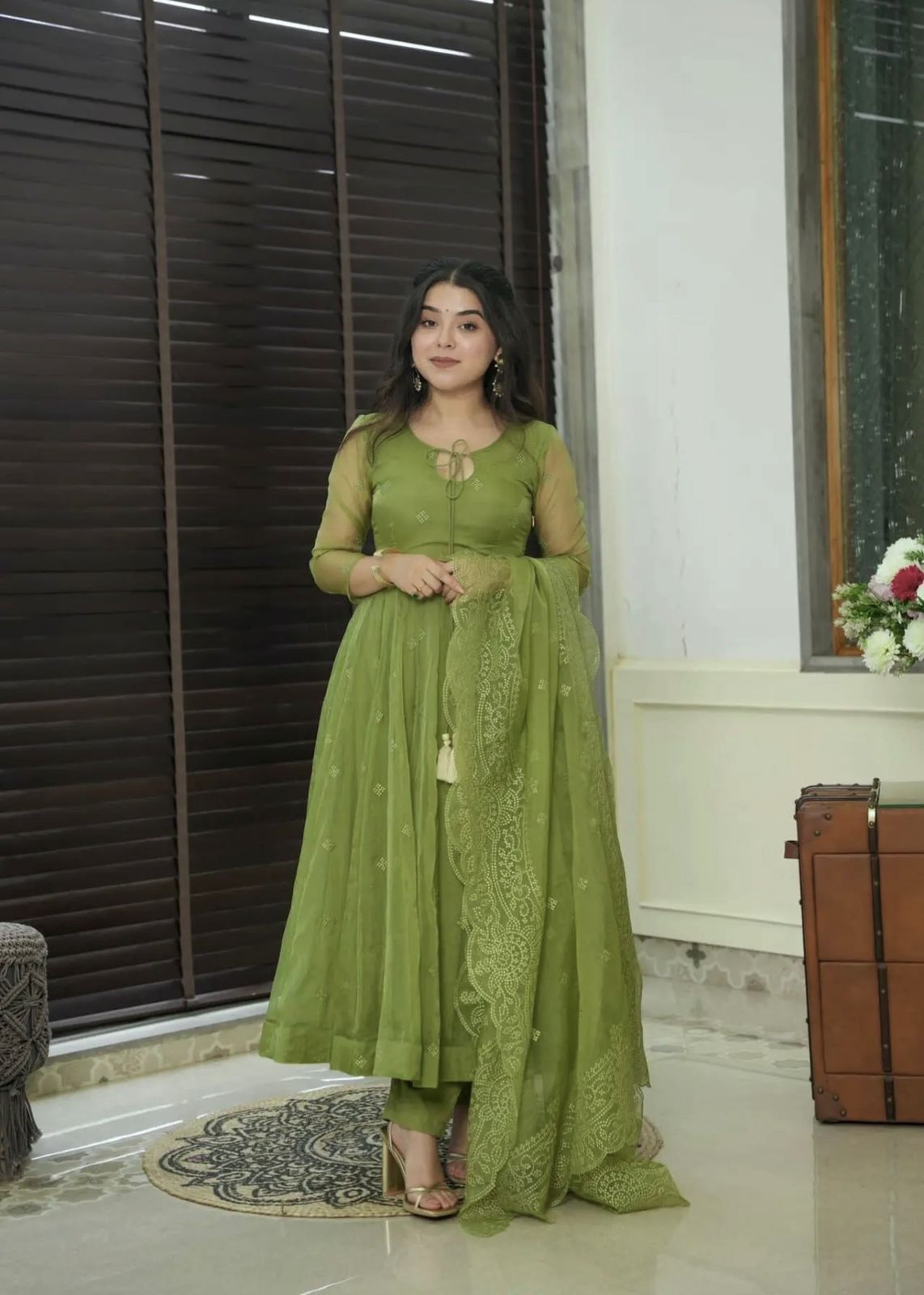 Elegant Georgette Green Color Embroidery Work Anarkali Gown