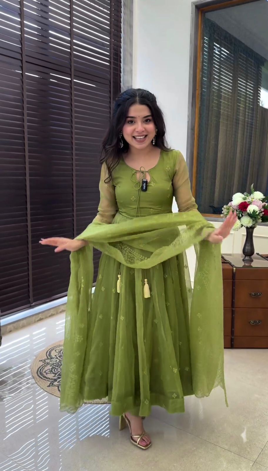 Elegant Georgette Green Color Embroidery Work Anarkali Gown