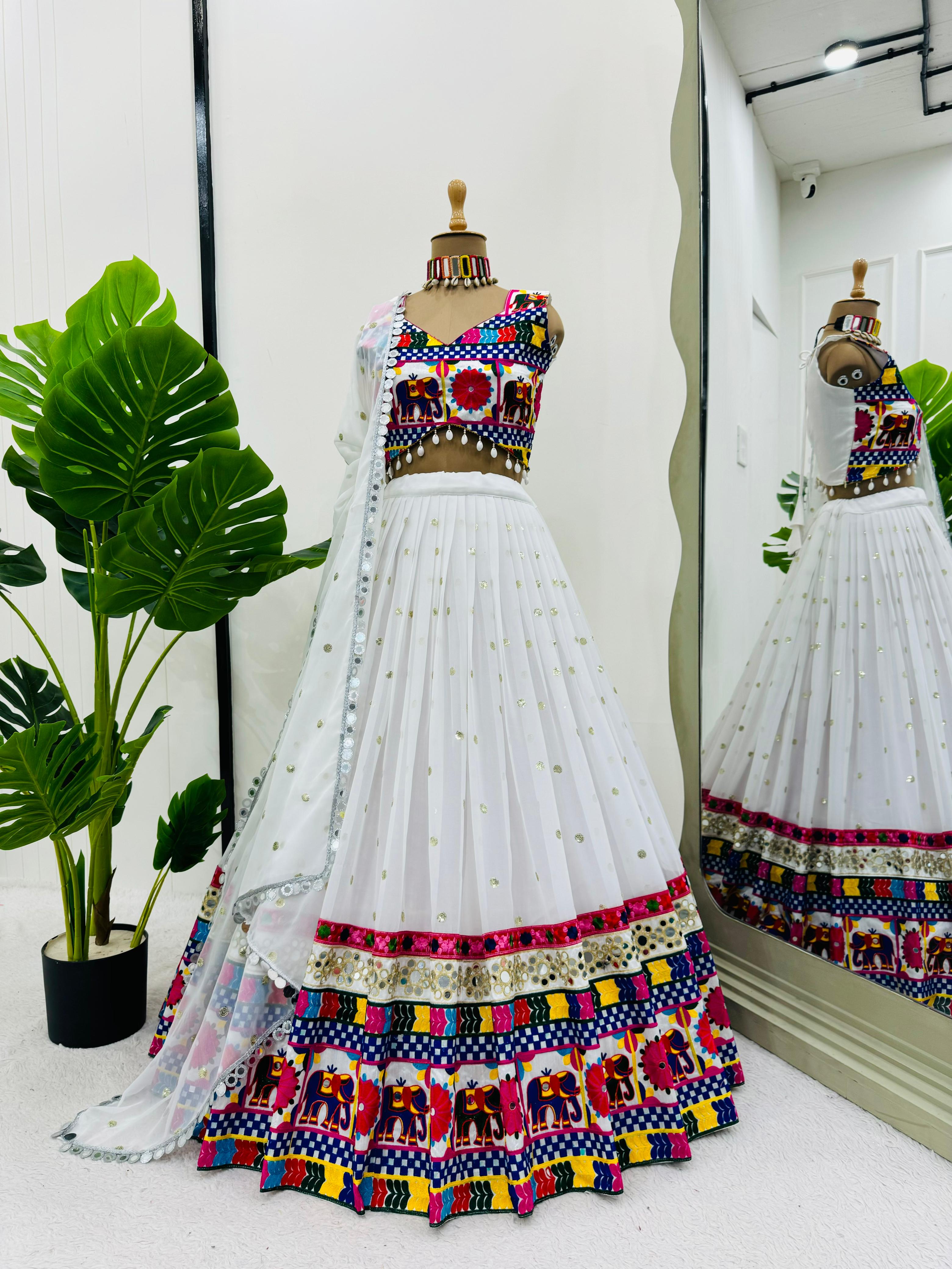 White Color Chain Stitch WIth Mirror Work Navratri Lehenga Choli