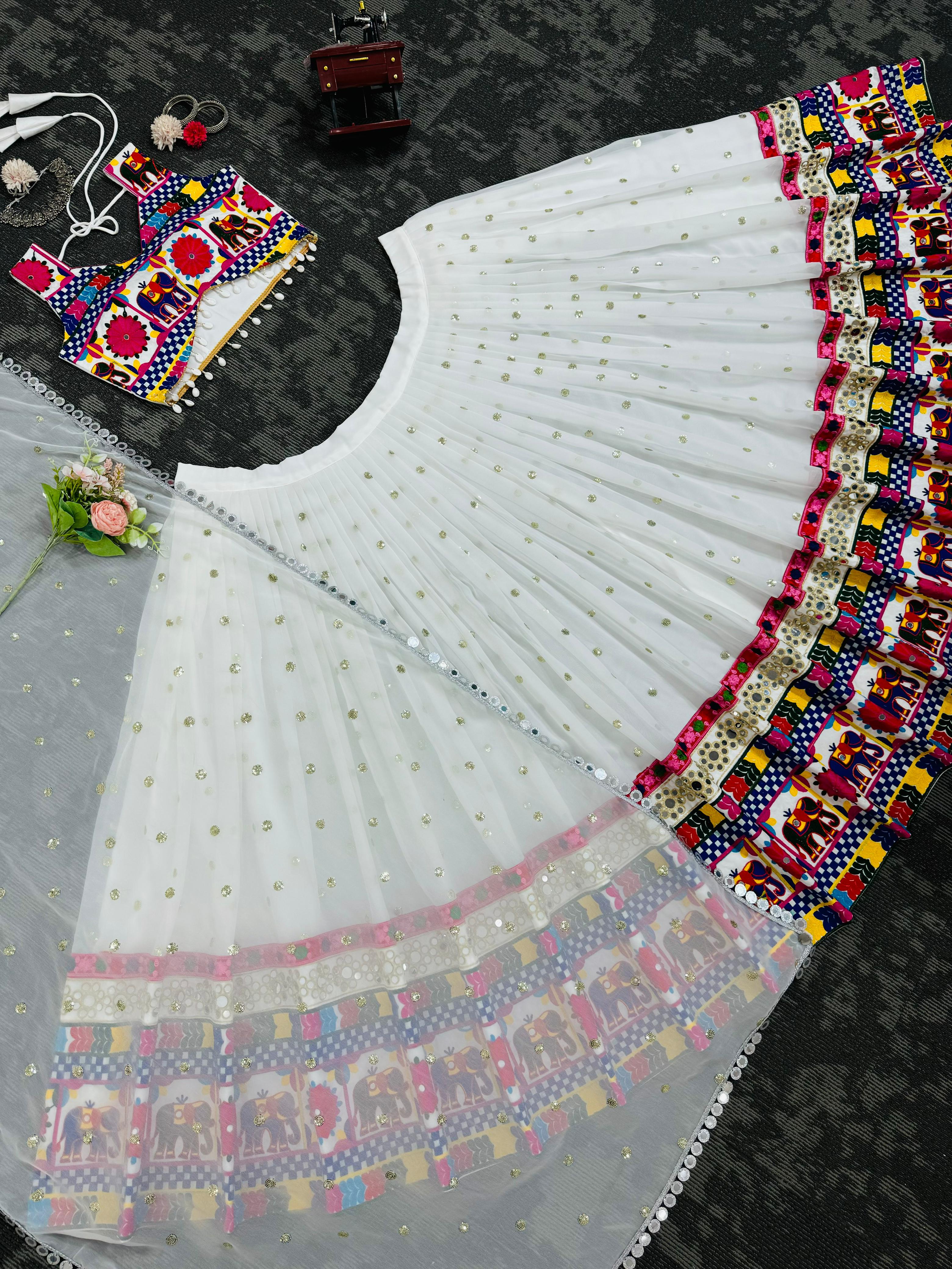 White Color Chain Stitch WIth Mirror Work Navratri Lehenga Choli