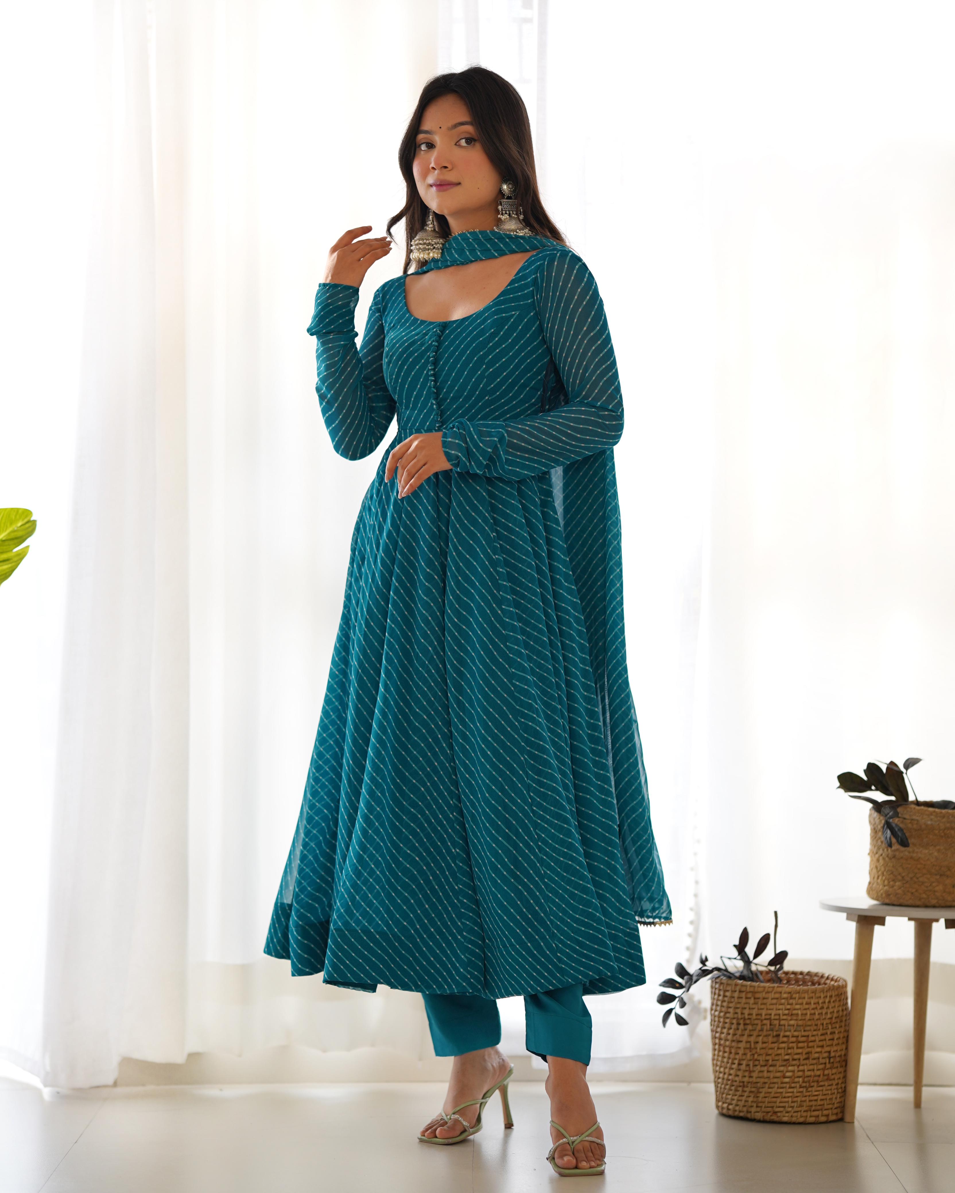 Sky Blue Color Leheriya Print Anarkali Gown With Dupatta