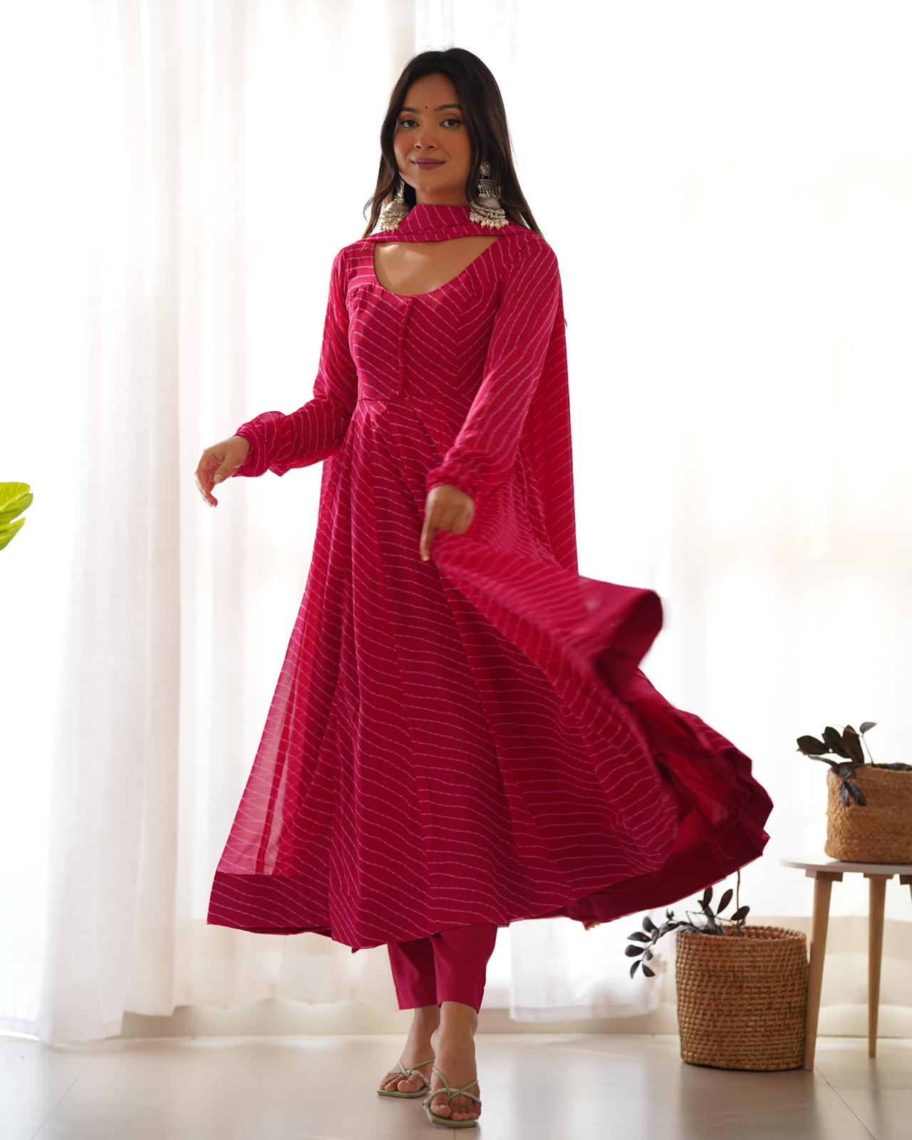 Pink Color Leheriya Print Anarkali Gown With Dupatta