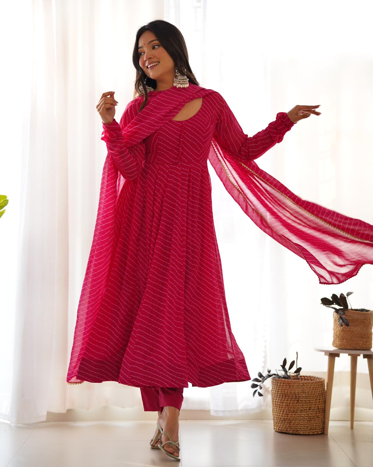 Pink Color Leheriya Print Anarkali Gown With Dupatta