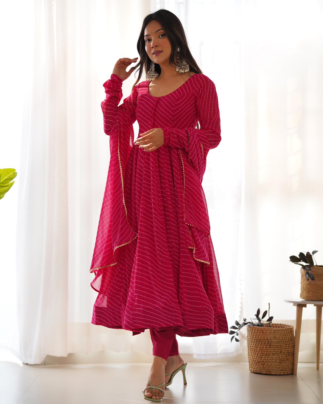 Pink Color Leheriya Print Anarkali Gown With Dupatta