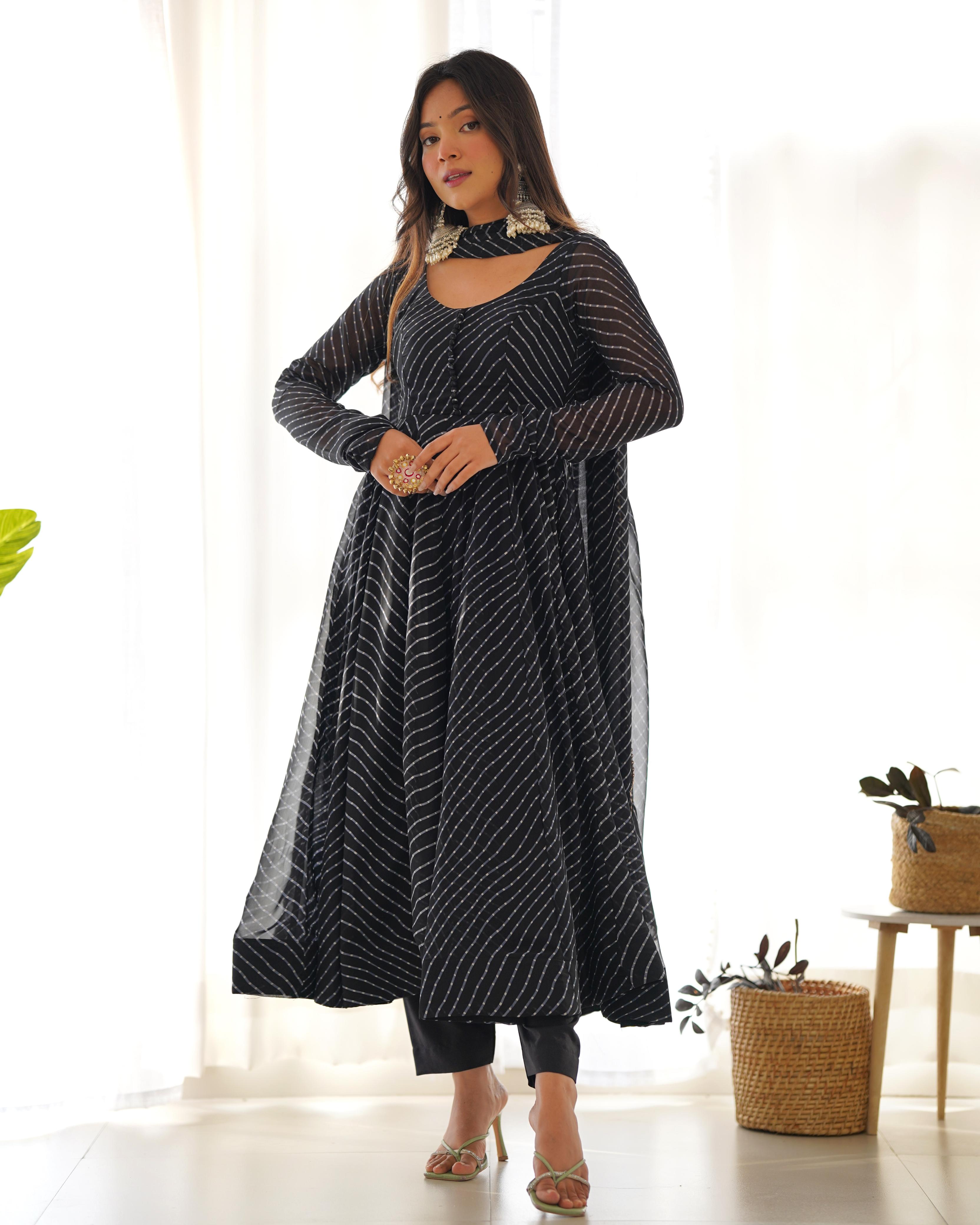 Black Color Leheriya Print Anarkali Gown With Dupatta