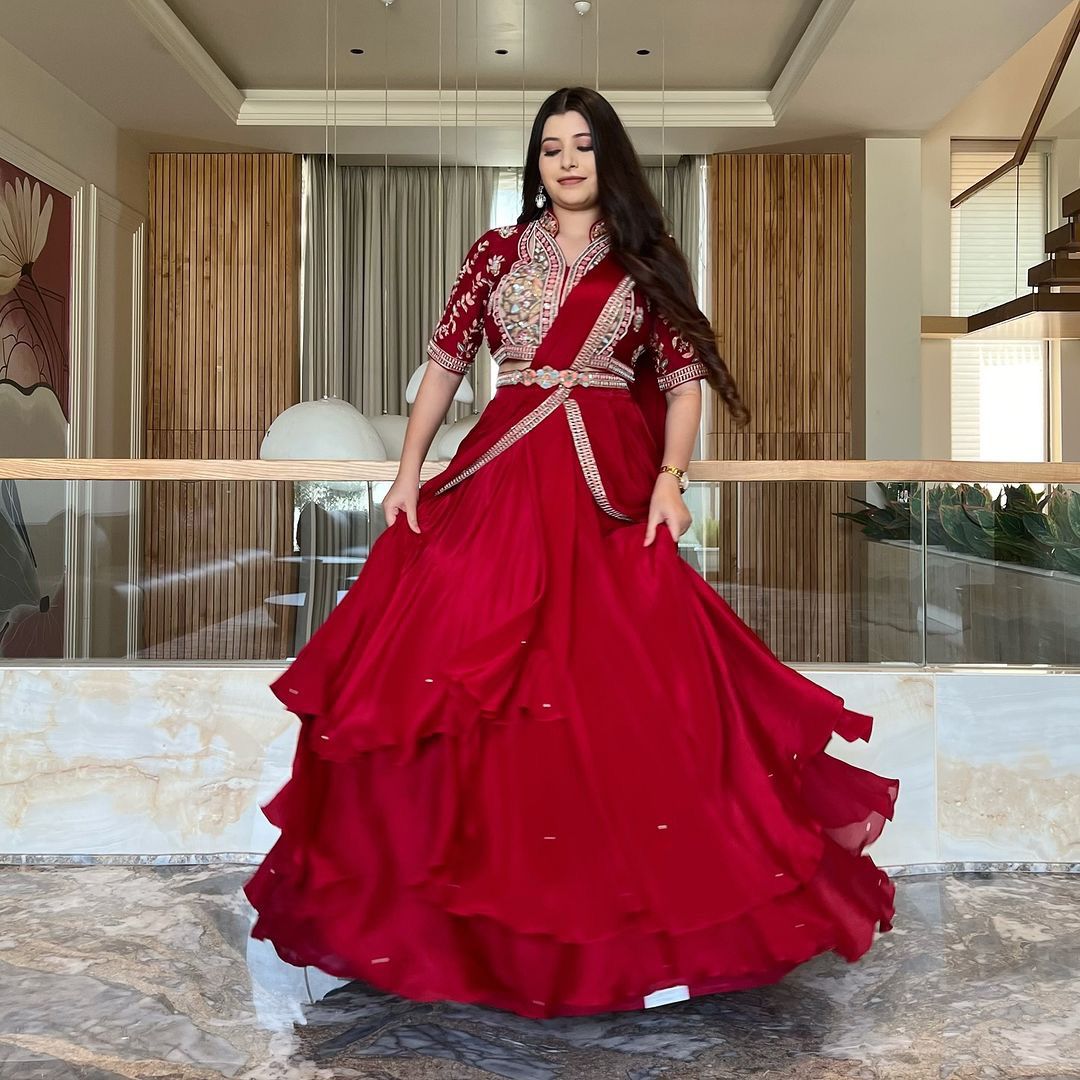 Party Wear Ruffle Flair With Work Red Color Lehenga Saree