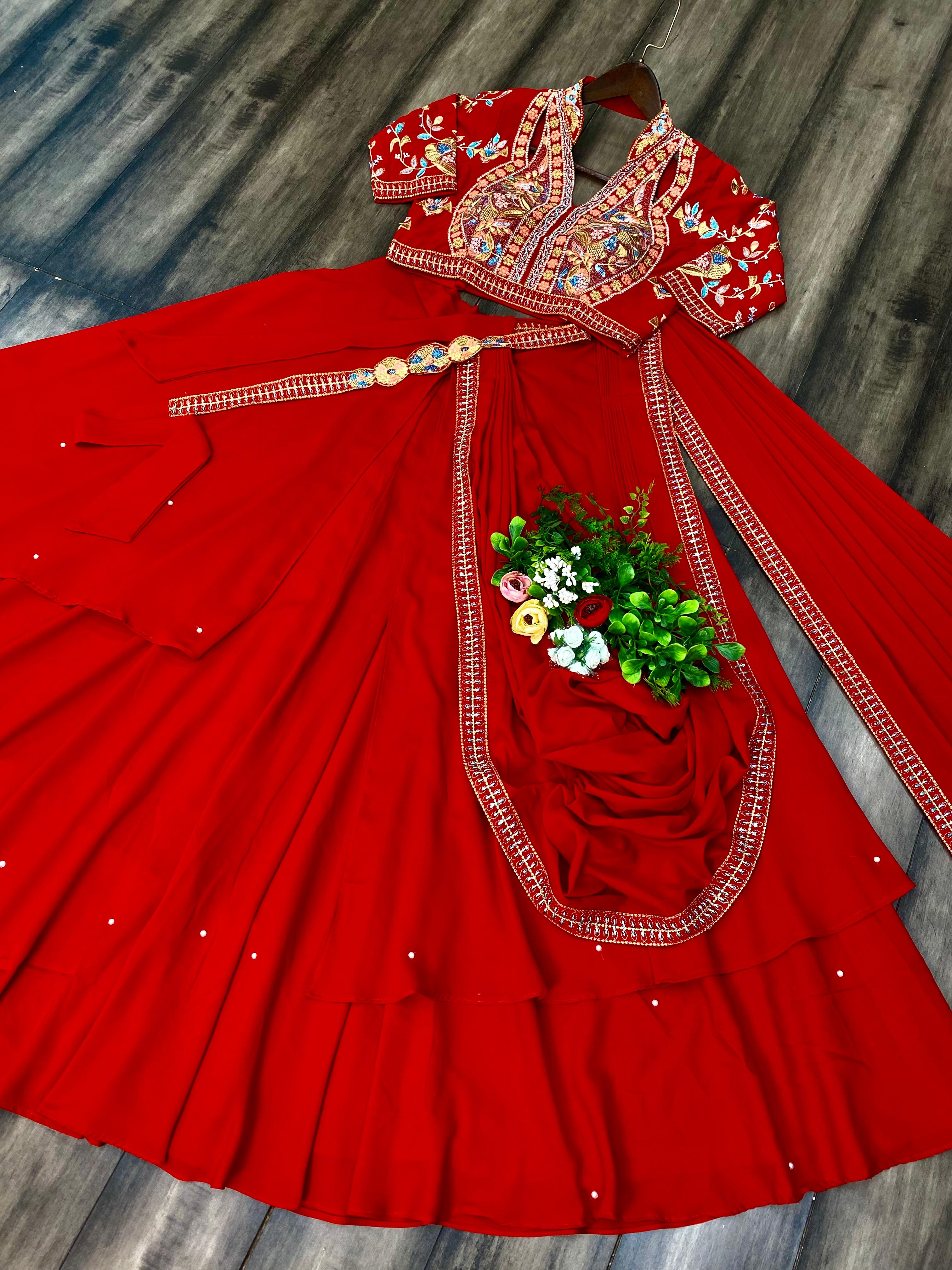 Party Wear Ruffle Flair With Work Red Color Lehenga Saree