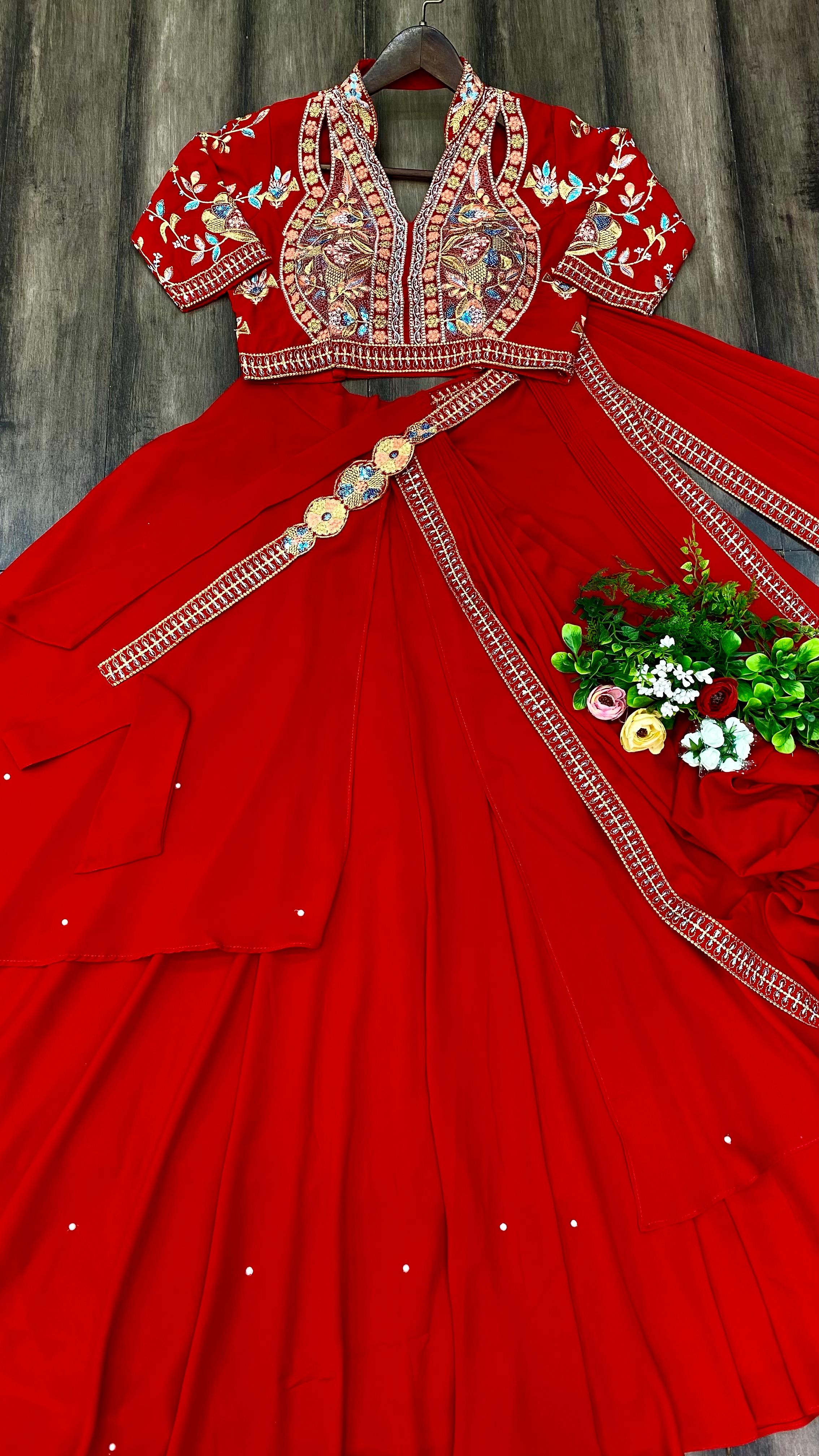 Party Wear Ruffle Flair With Work Red Color Lehenga Saree