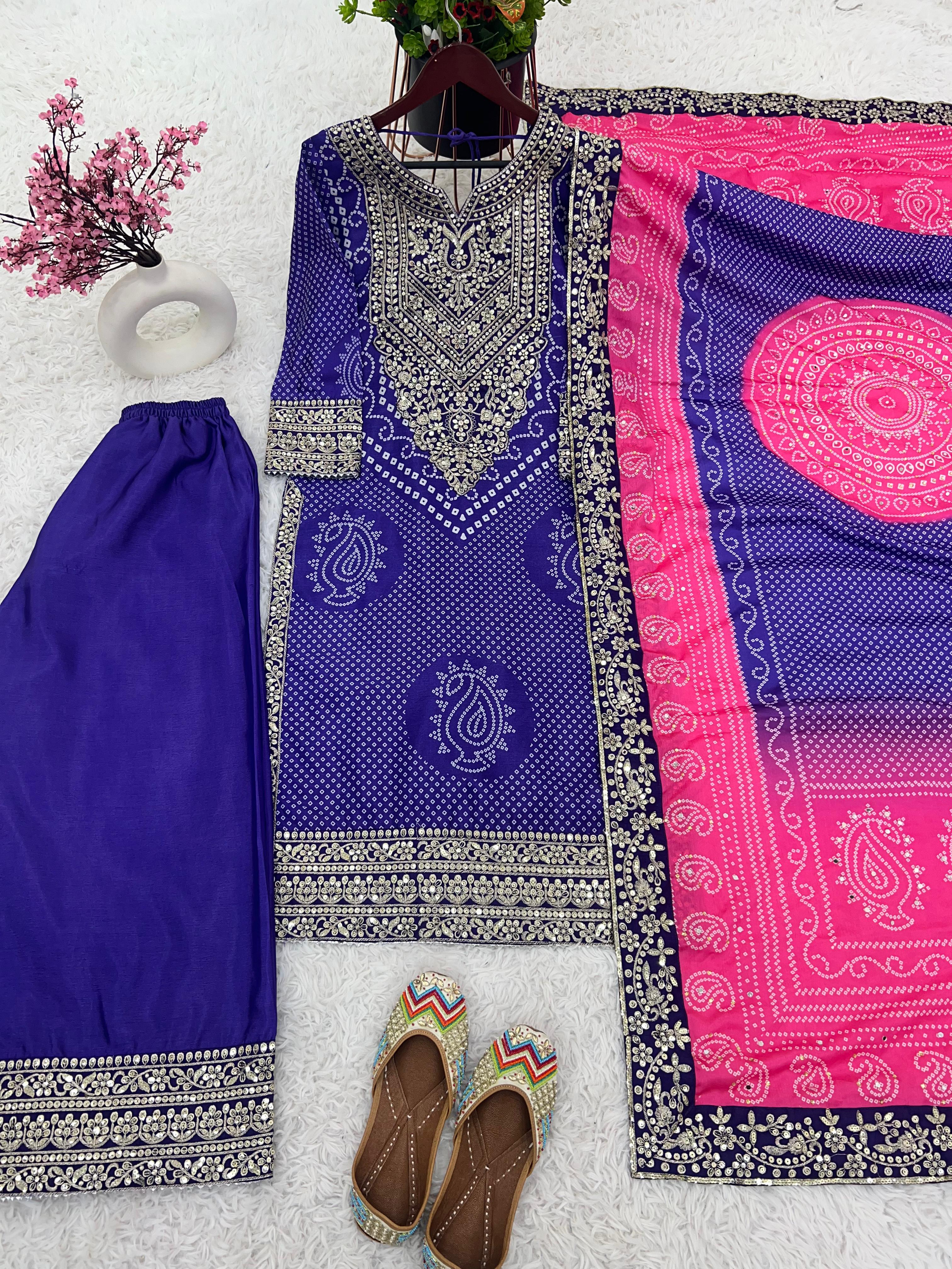 Captivating Digital Print With Work Blue Color Sharara Suit