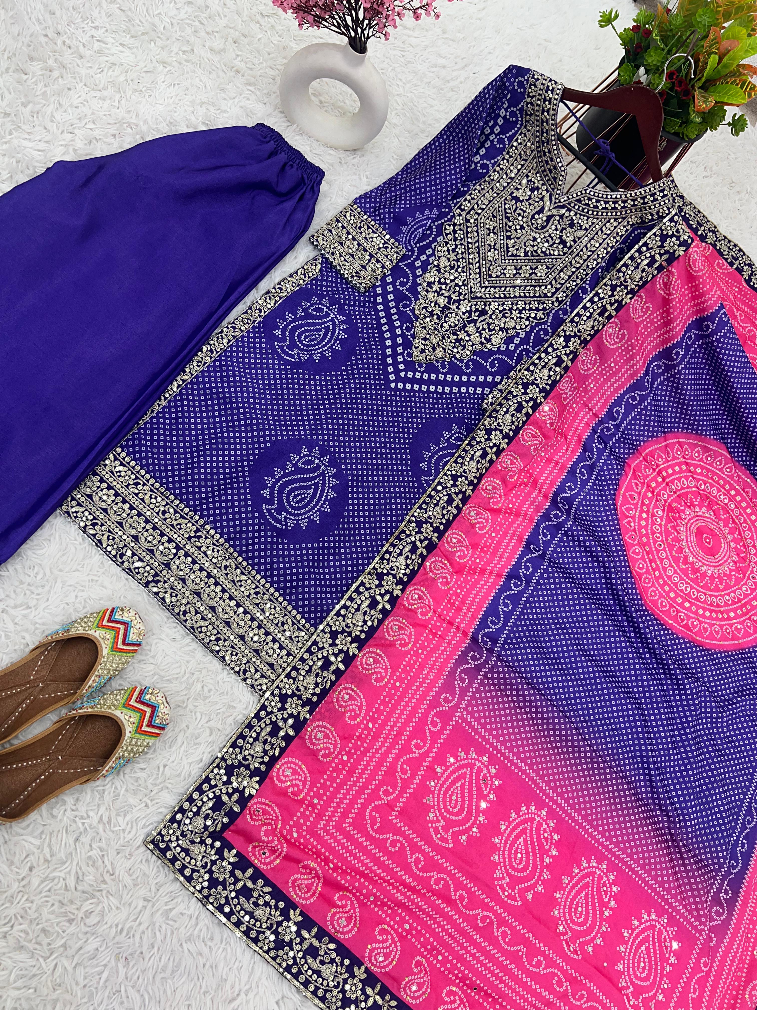 Captivating Digital Print With Work Blue Color Sharara Suit