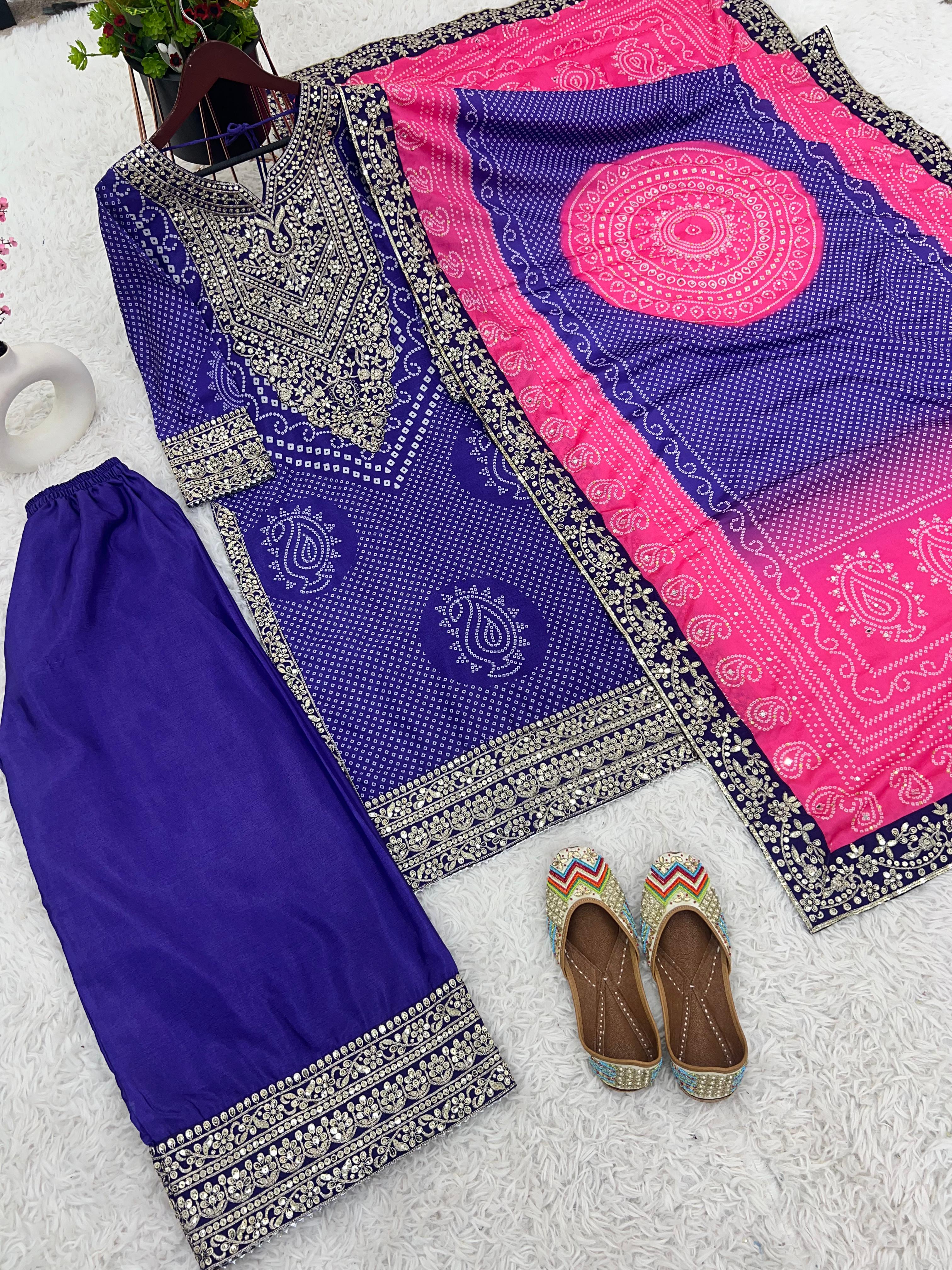 Captivating Digital Print With Work Blue Color Sharara Suit