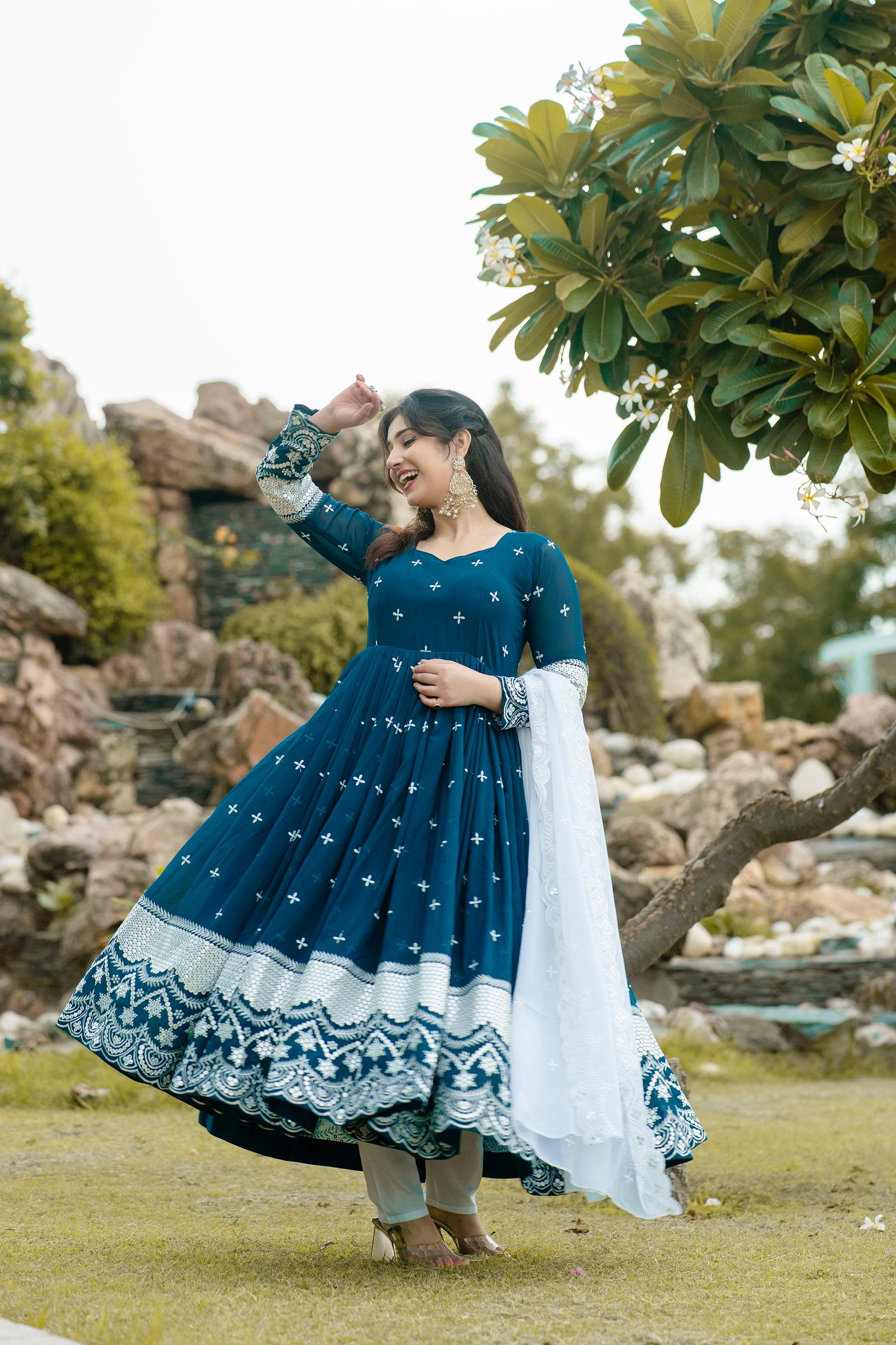 Occasion Wear Embroidery Work Blue Gown With Dupatta