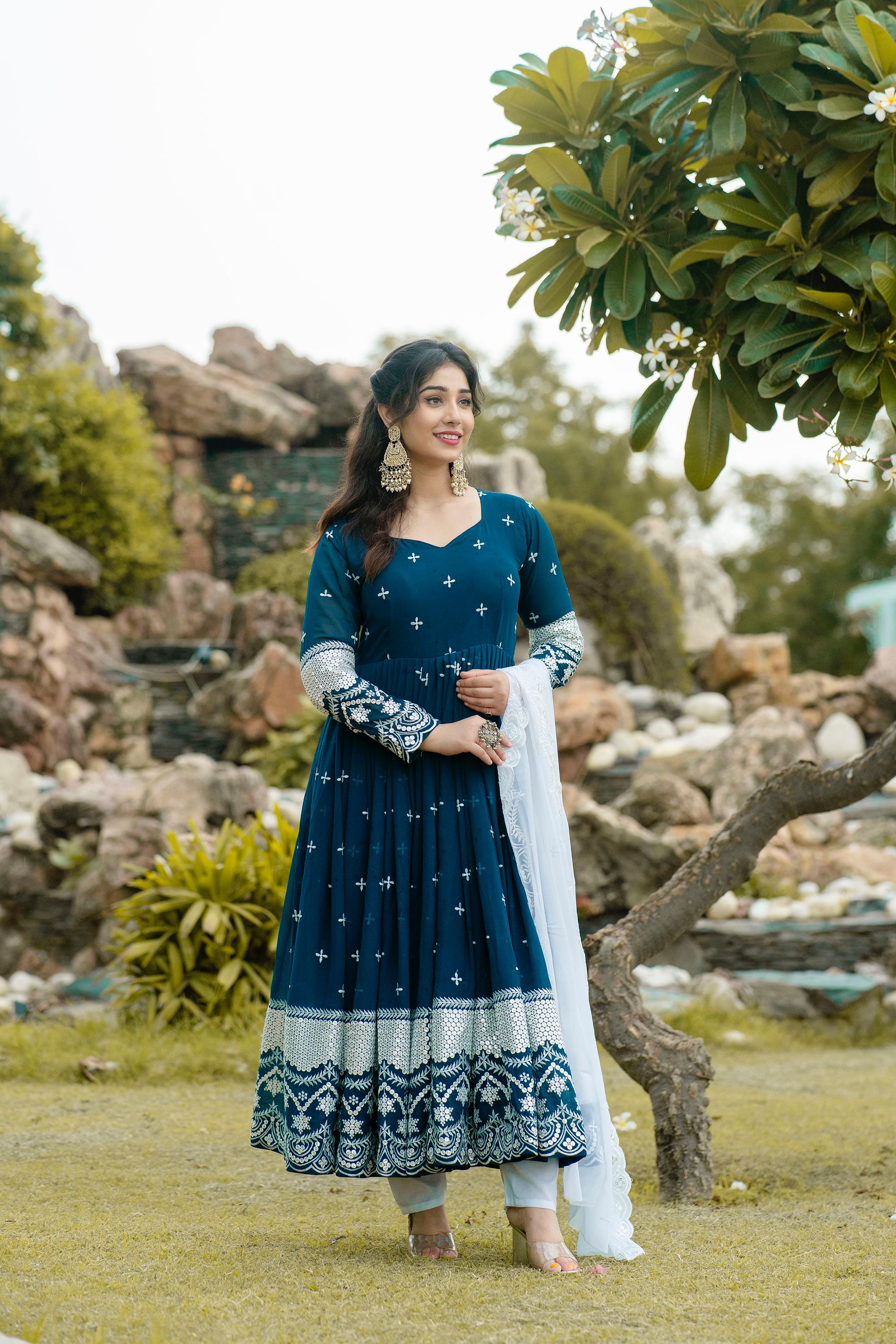 Occasion Wear Embroidery Work Blue Gown With Dupatta