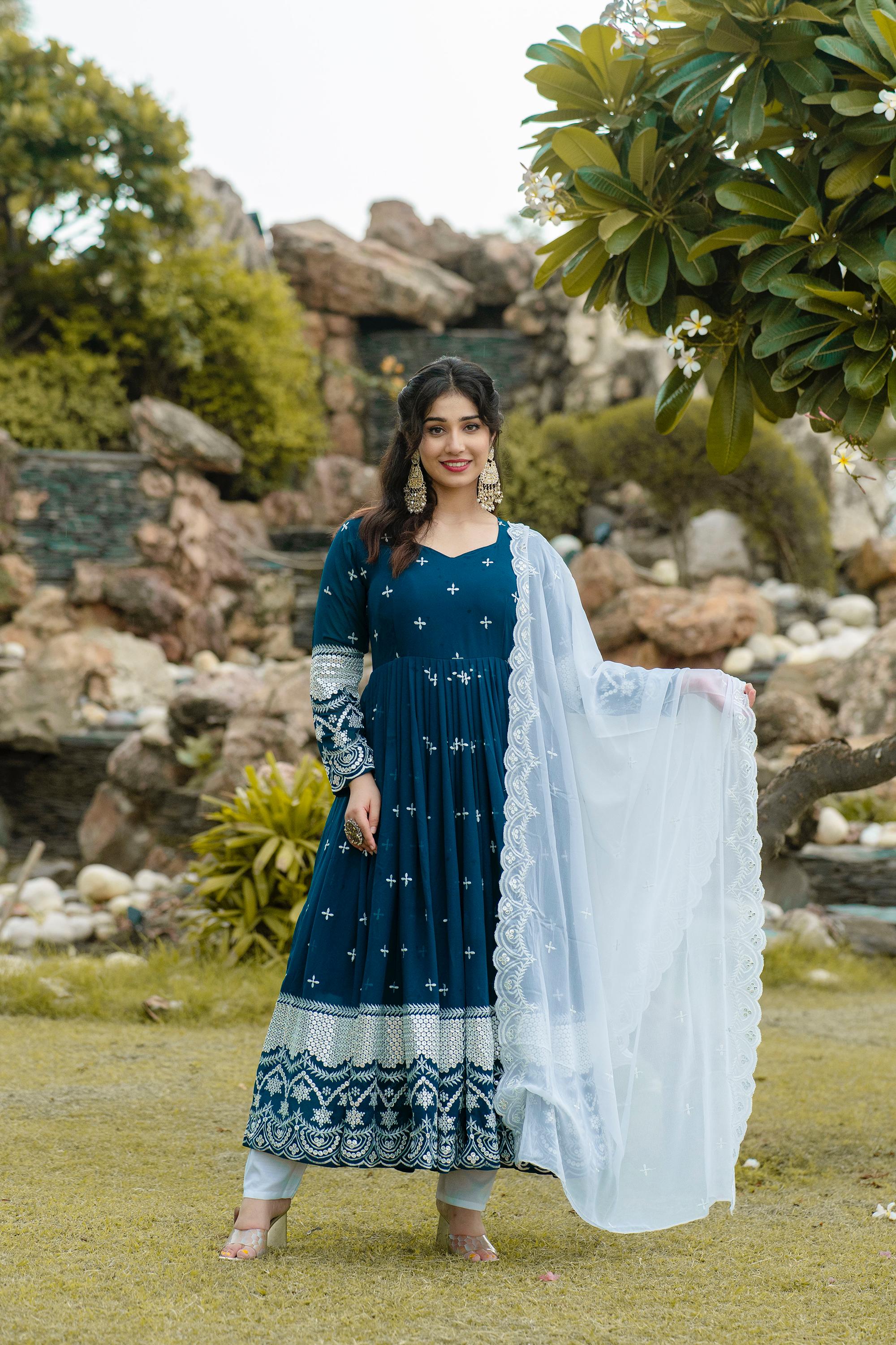 Occasion Wear Embroidery Work Blue Gown With Dupatta