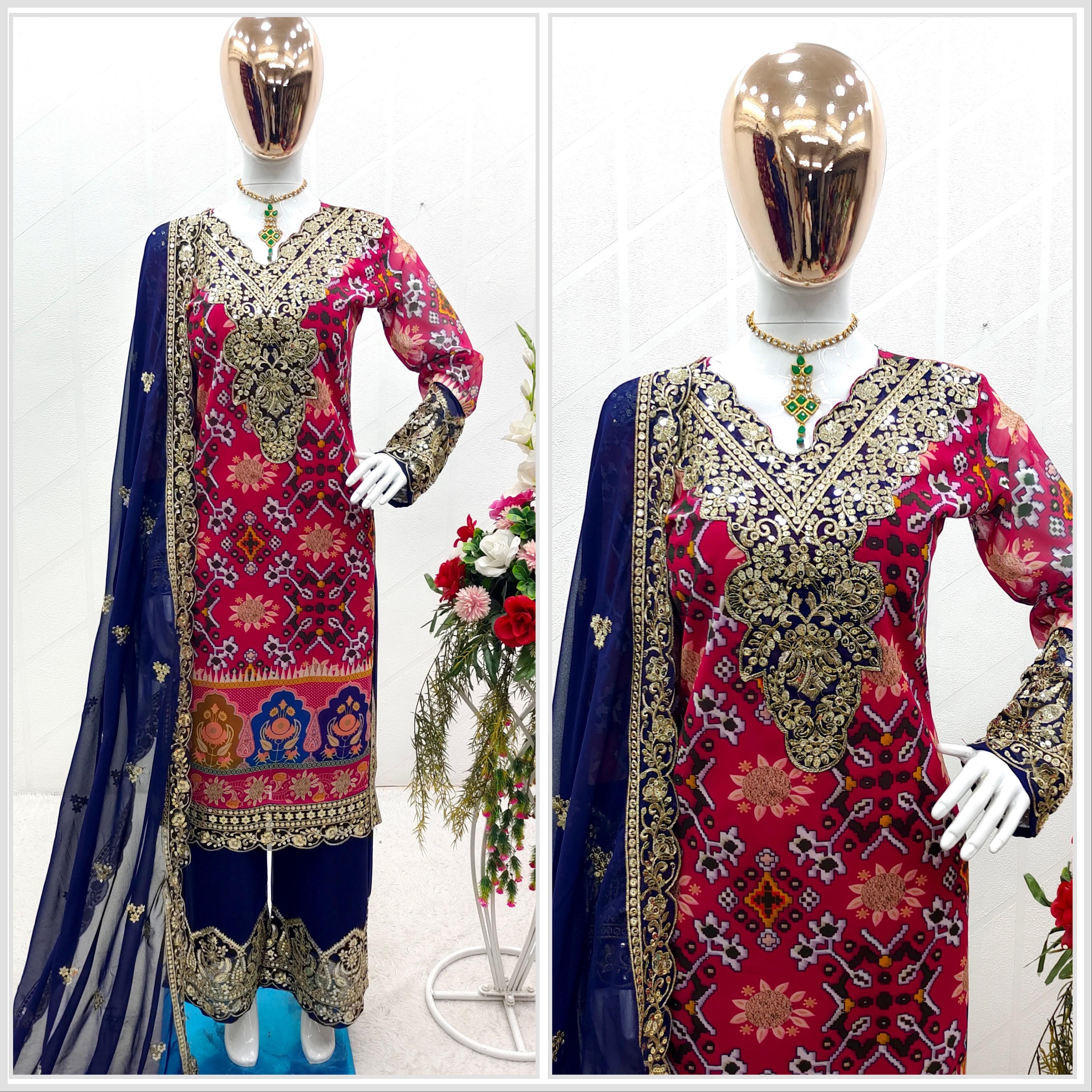 Blue With Pink Multi Print Design Demanding Palazzo Suit