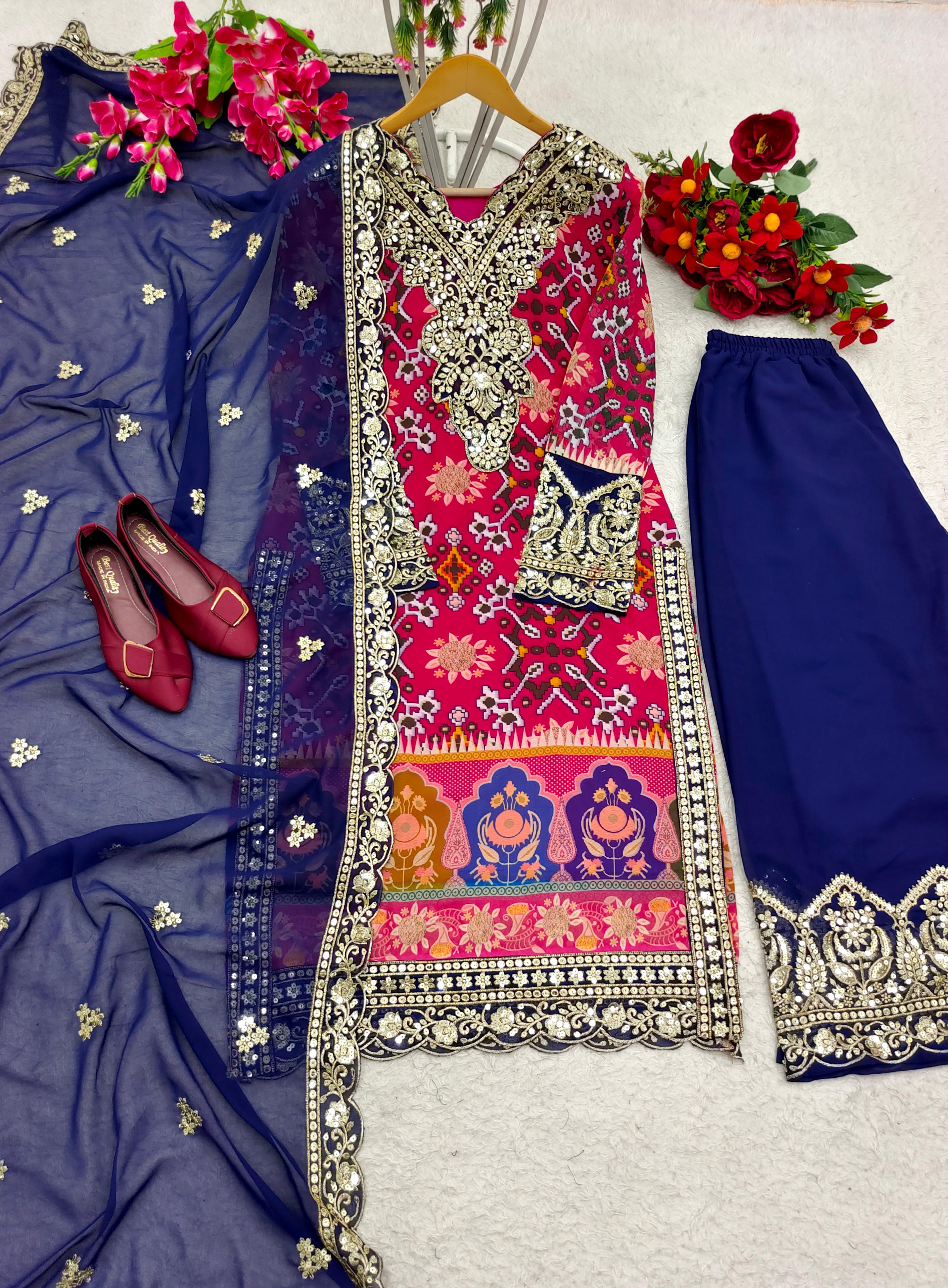 Blue With Pink Multi Print Design Demanding Palazzo Suit