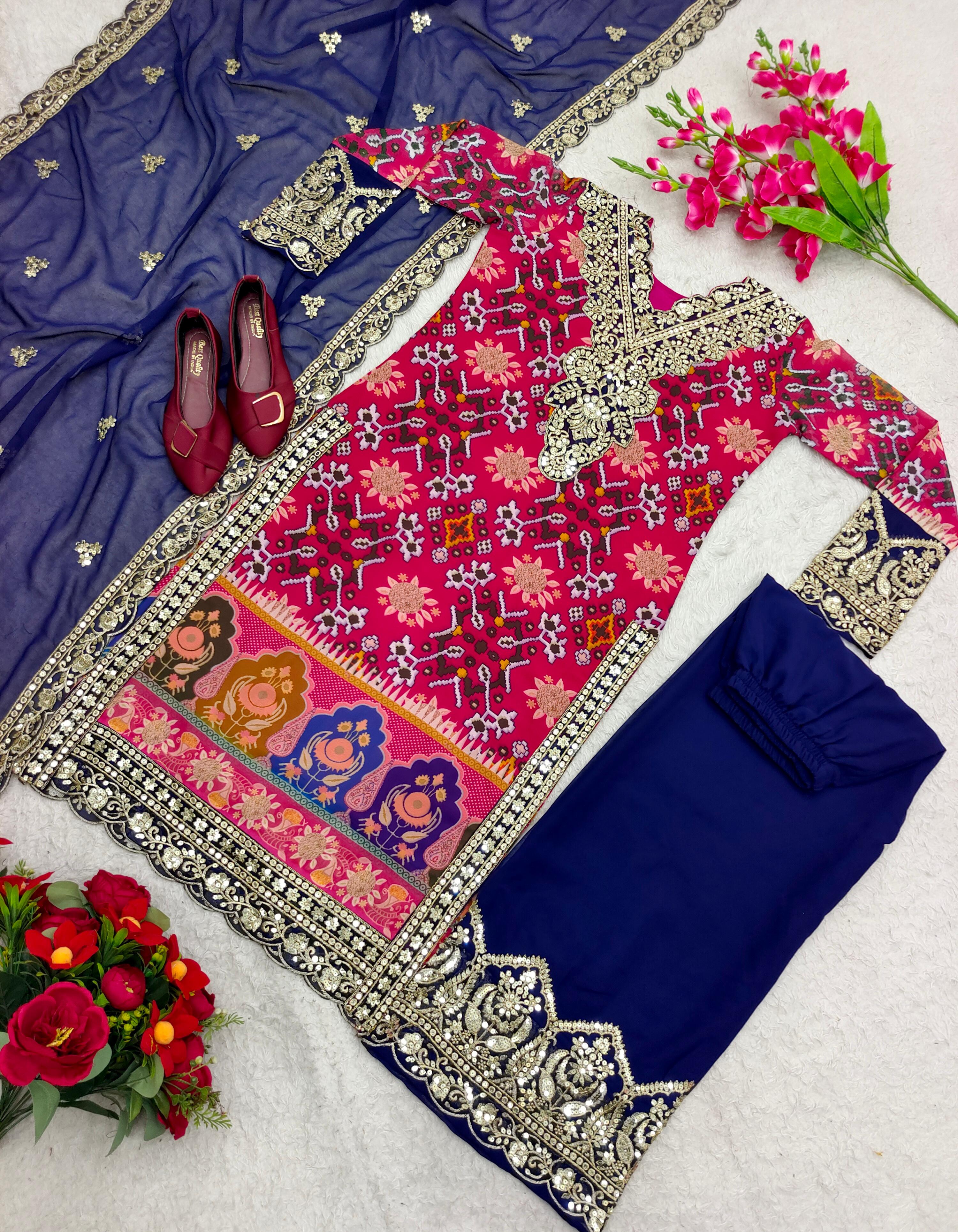 Blue With Pink Multi Print Design Demanding Palazzo Suit