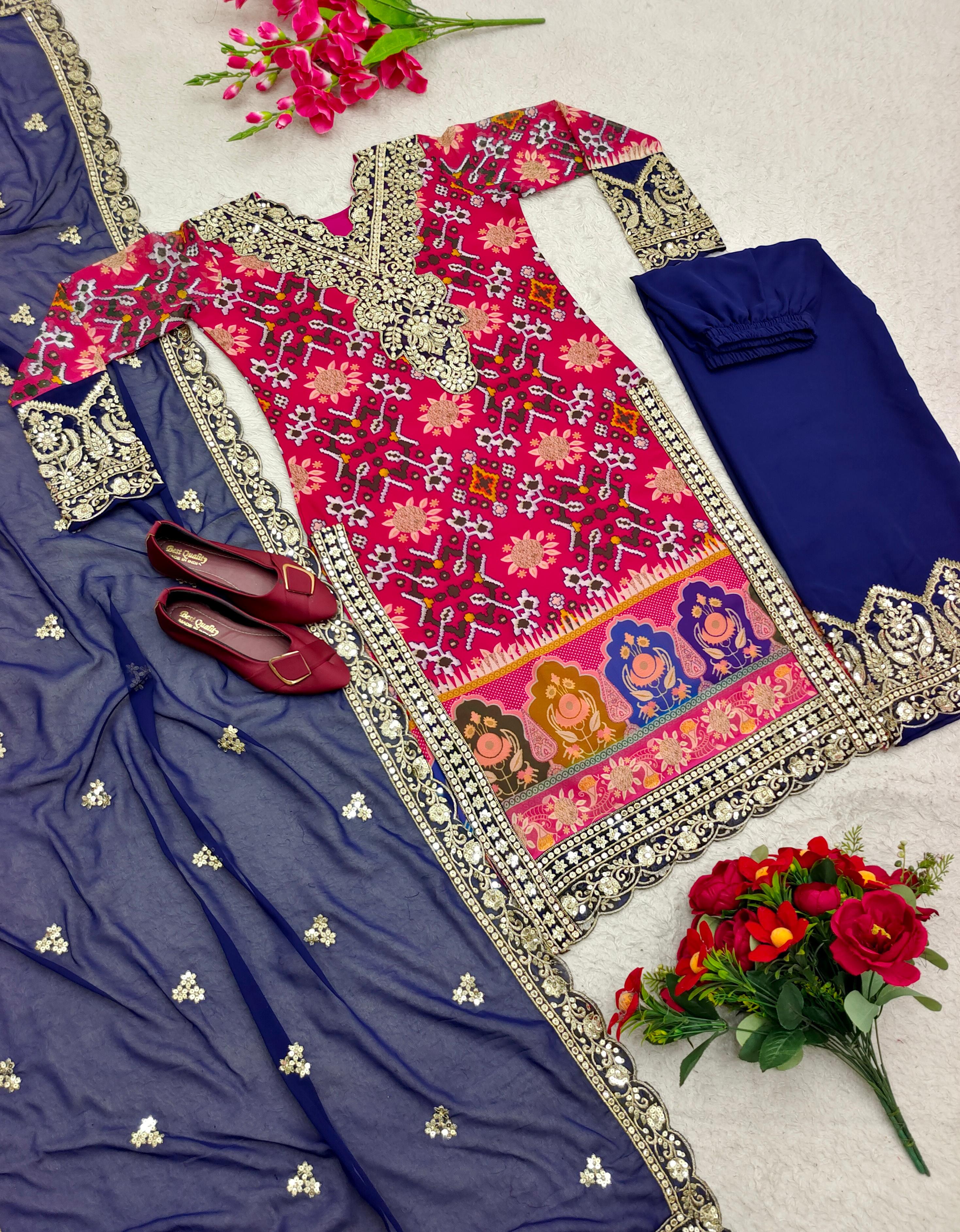 Blue With Pink Multi Print Design Demanding Palazzo Suit