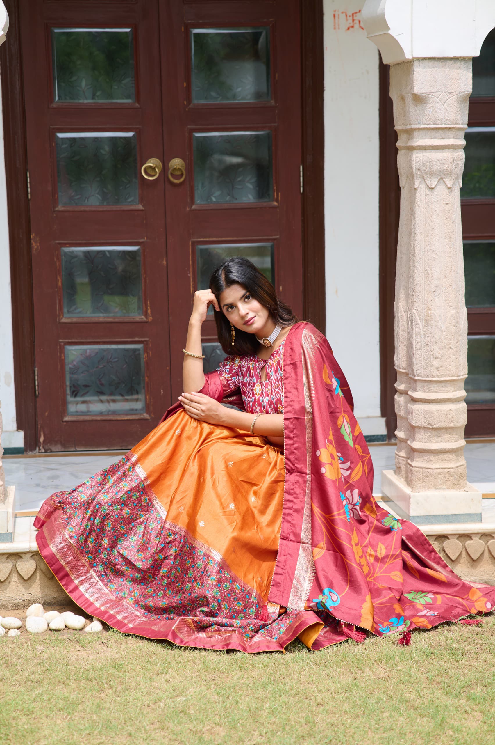 Mustard Color Meenakari With Foil Print Dola Silk Lehenga Choli