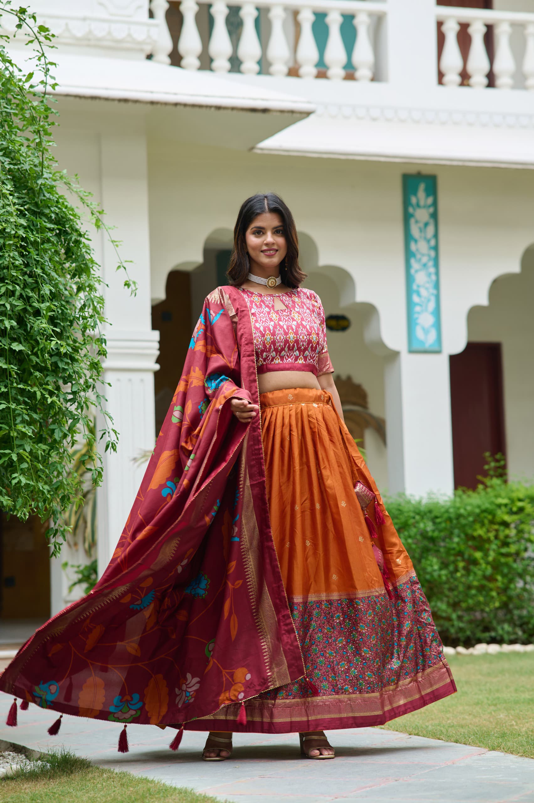 Mustard Color Meenakari With Foil Print Dola Silk Lehenga Choli