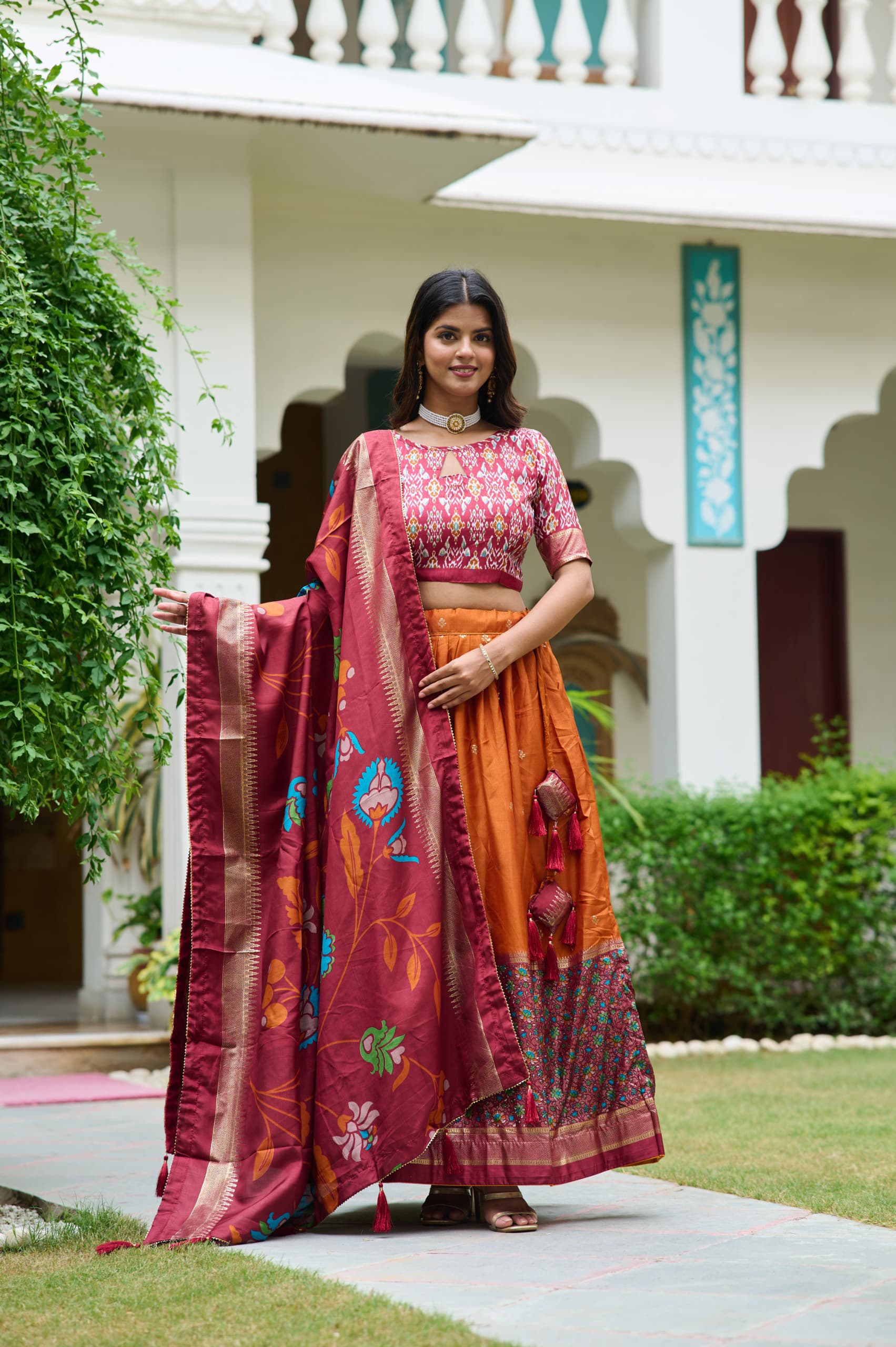 Mustard Color Meenakari With Foil Print Dola Silk Lehenga Choli