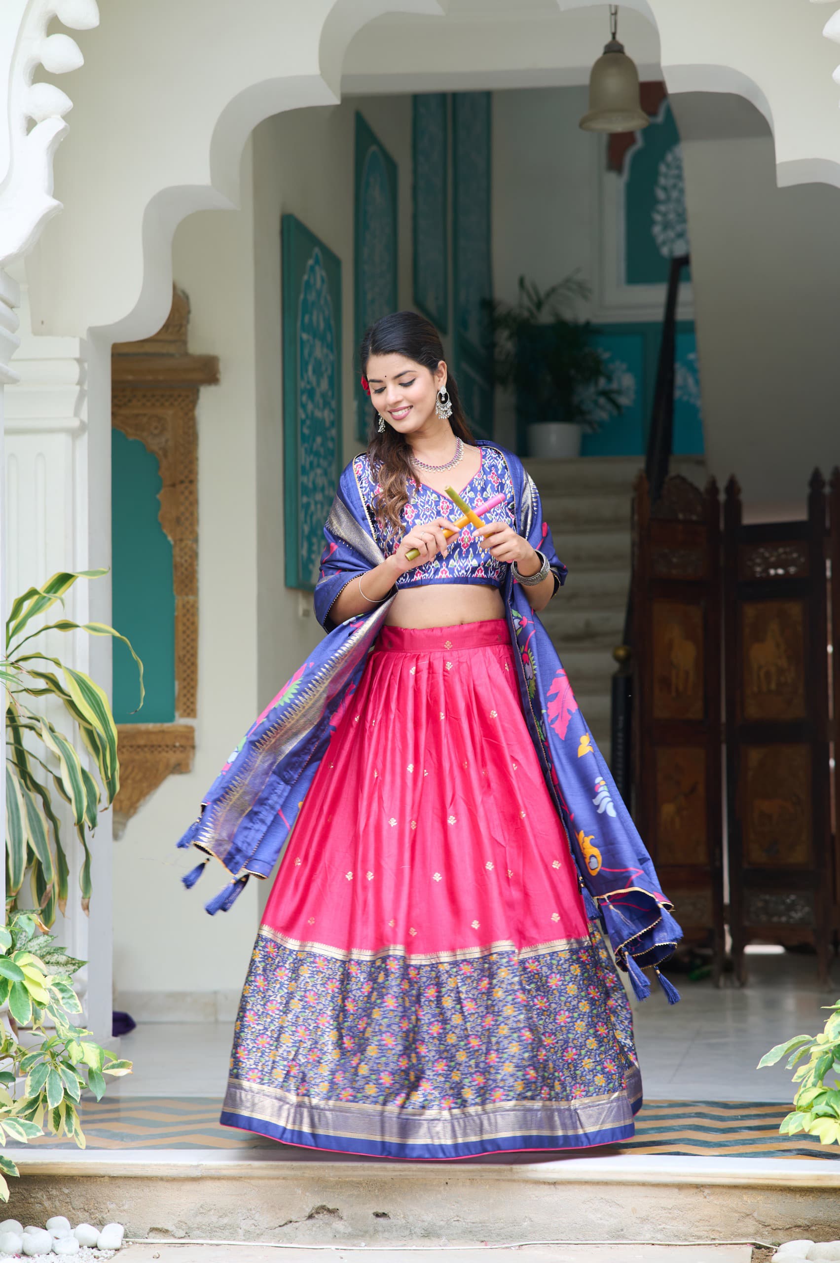 Pink Color Meenakari With Foil Print Dola Silk Lehenga Choli