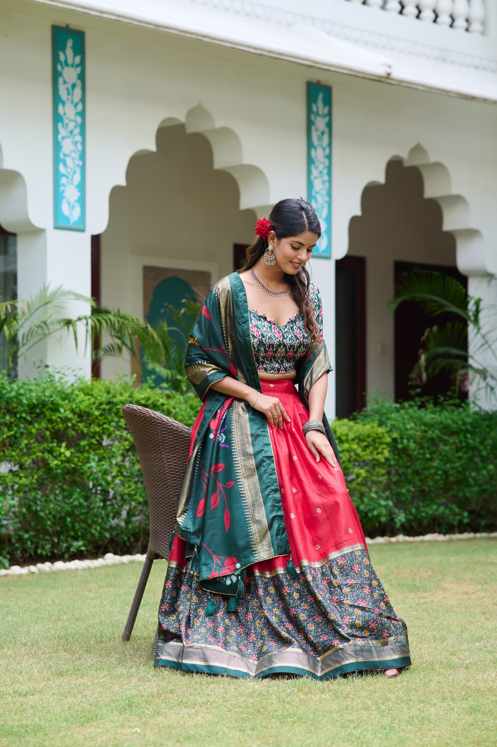 Red Color Meenakari With Foil Print Dola Silk Lehenga Choli