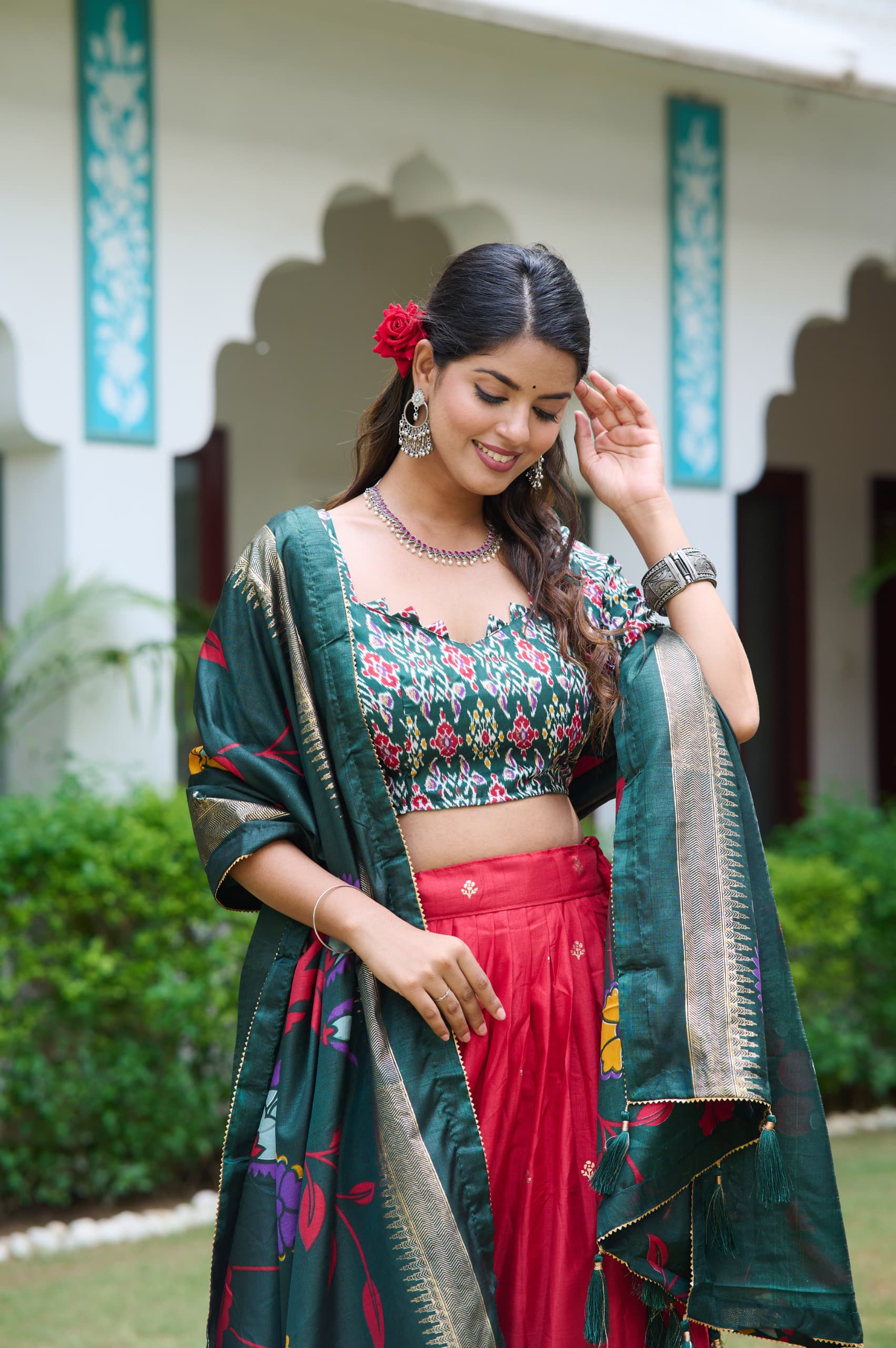 Red Color Meenakari With Foil Print Dola Silk Lehenga Choli