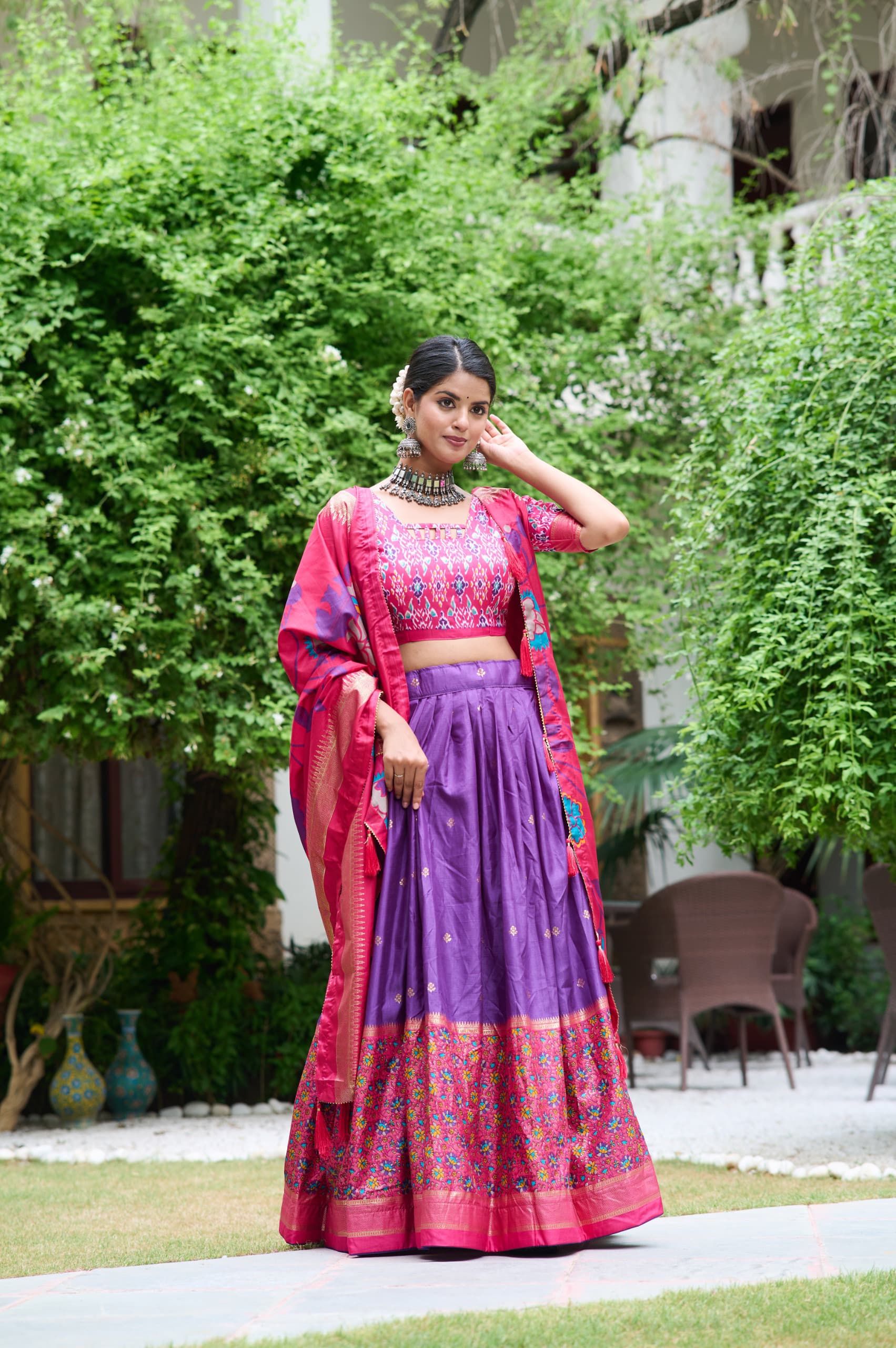 Purple Color Meenakari With Foil Print Dola Silk Lehenga Choli