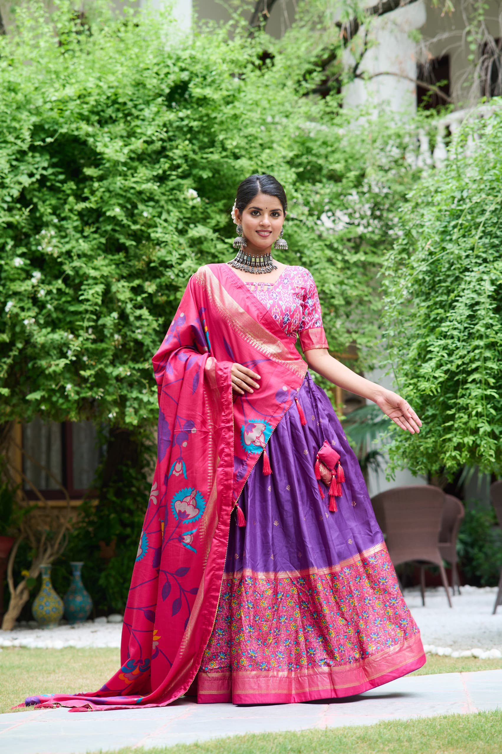 Purple Color Meenakari With Foil Print Dola Silk Lehenga Choli