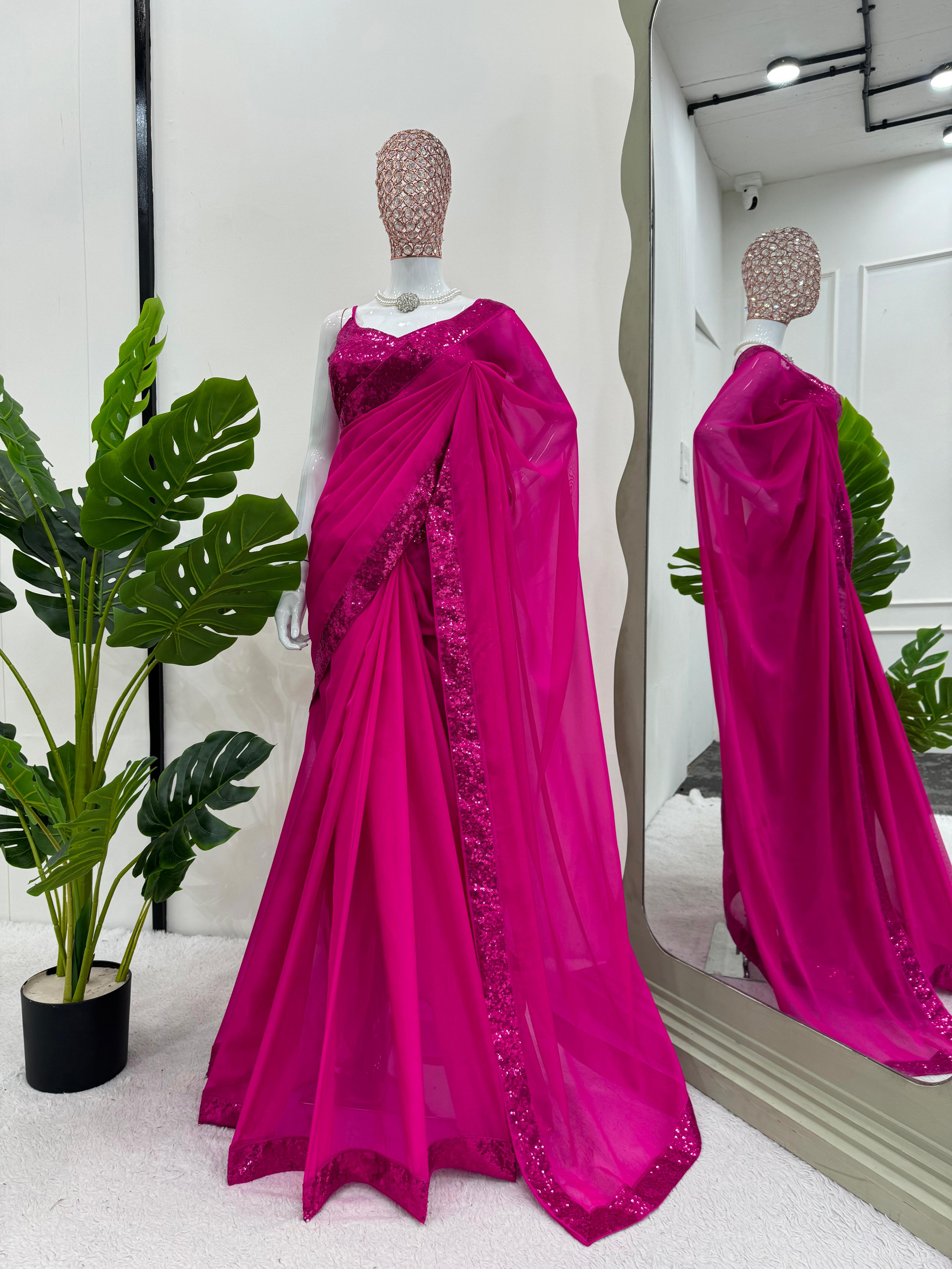 Stylish Sequence Work Lace Border Work Pink Color Saree