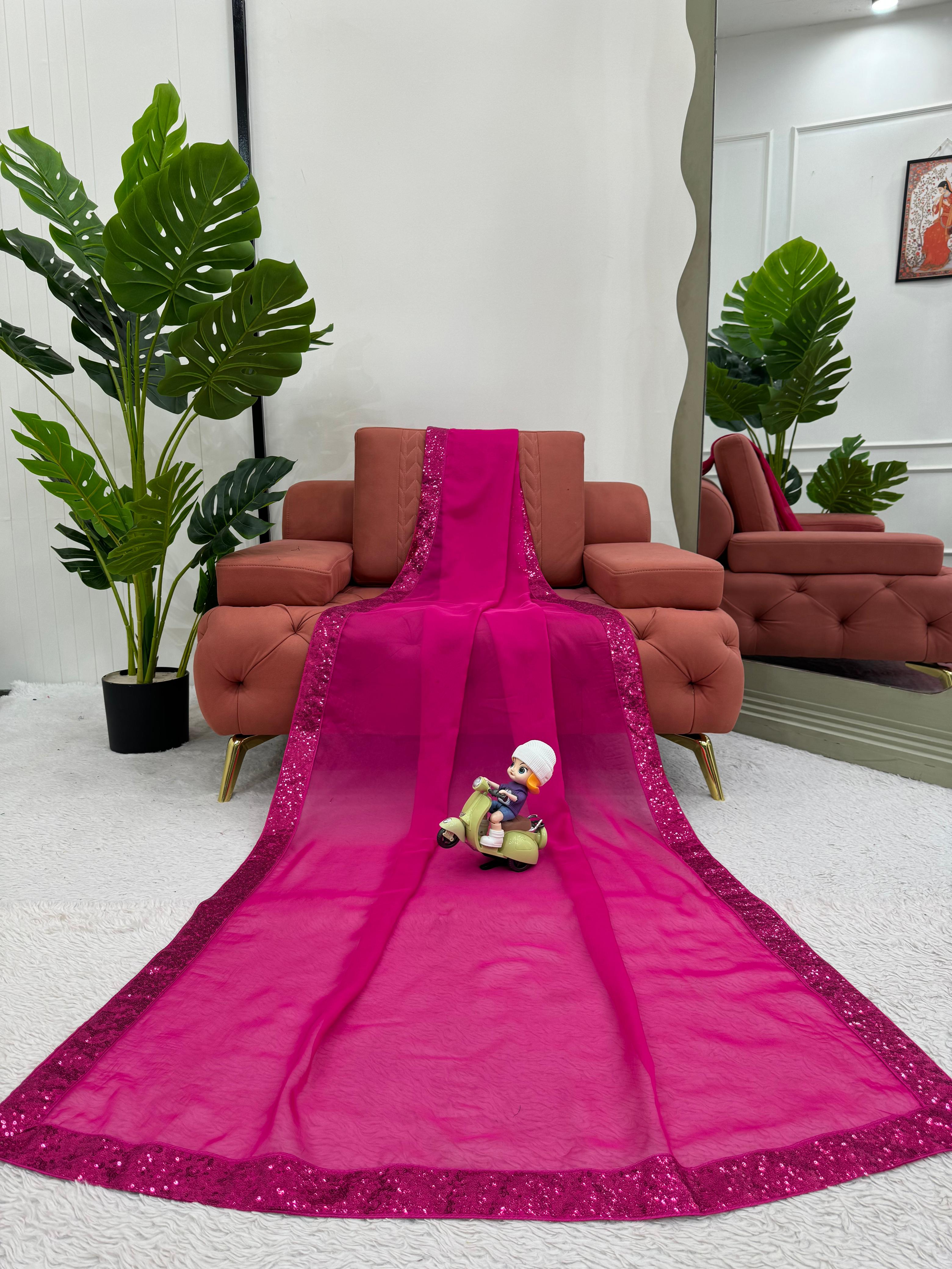 Stylish Sequence Work Lace Border Work Pink Color Saree