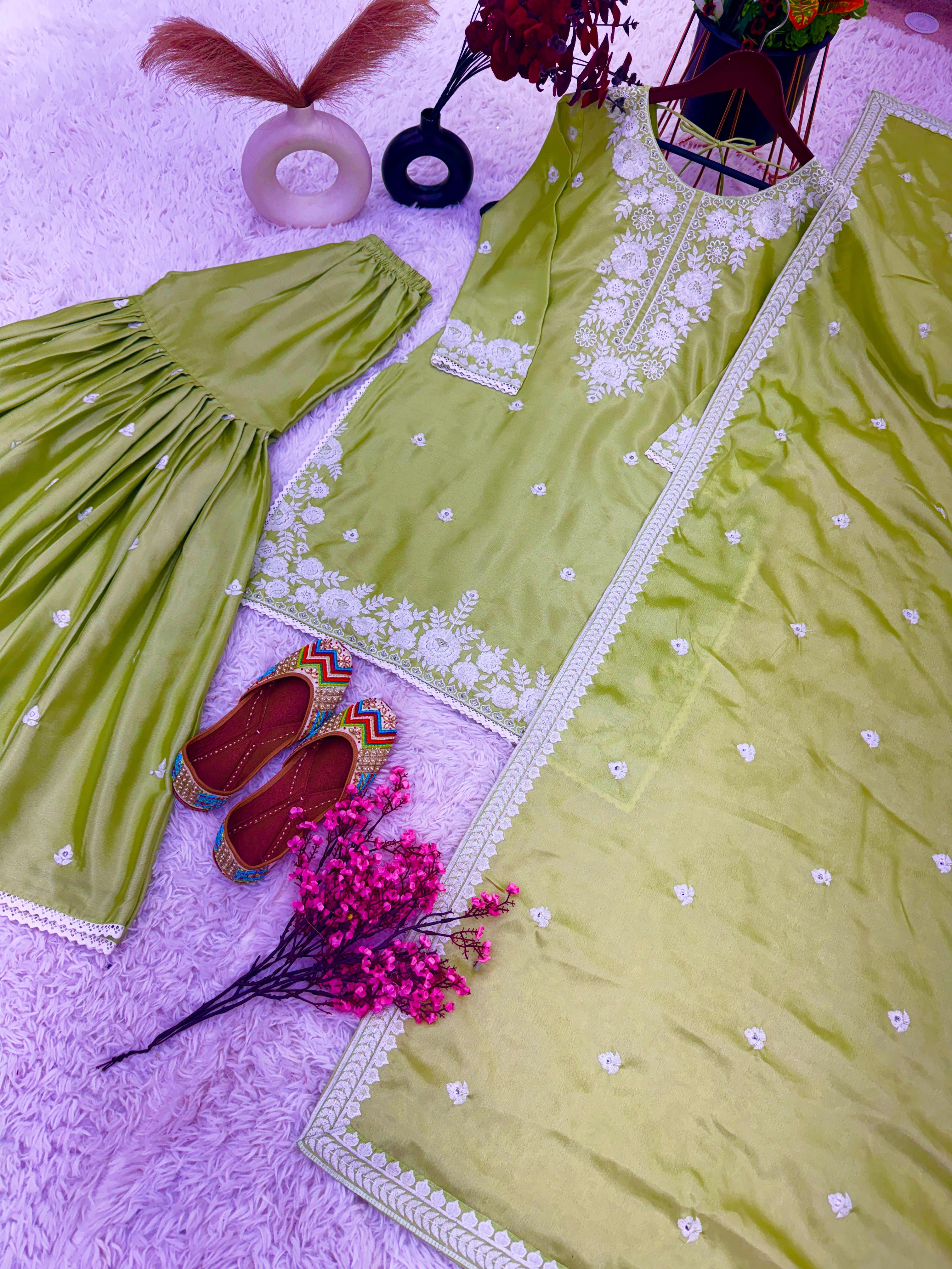 Luxuriant Green Color Embroidery Work Sharara Suit
