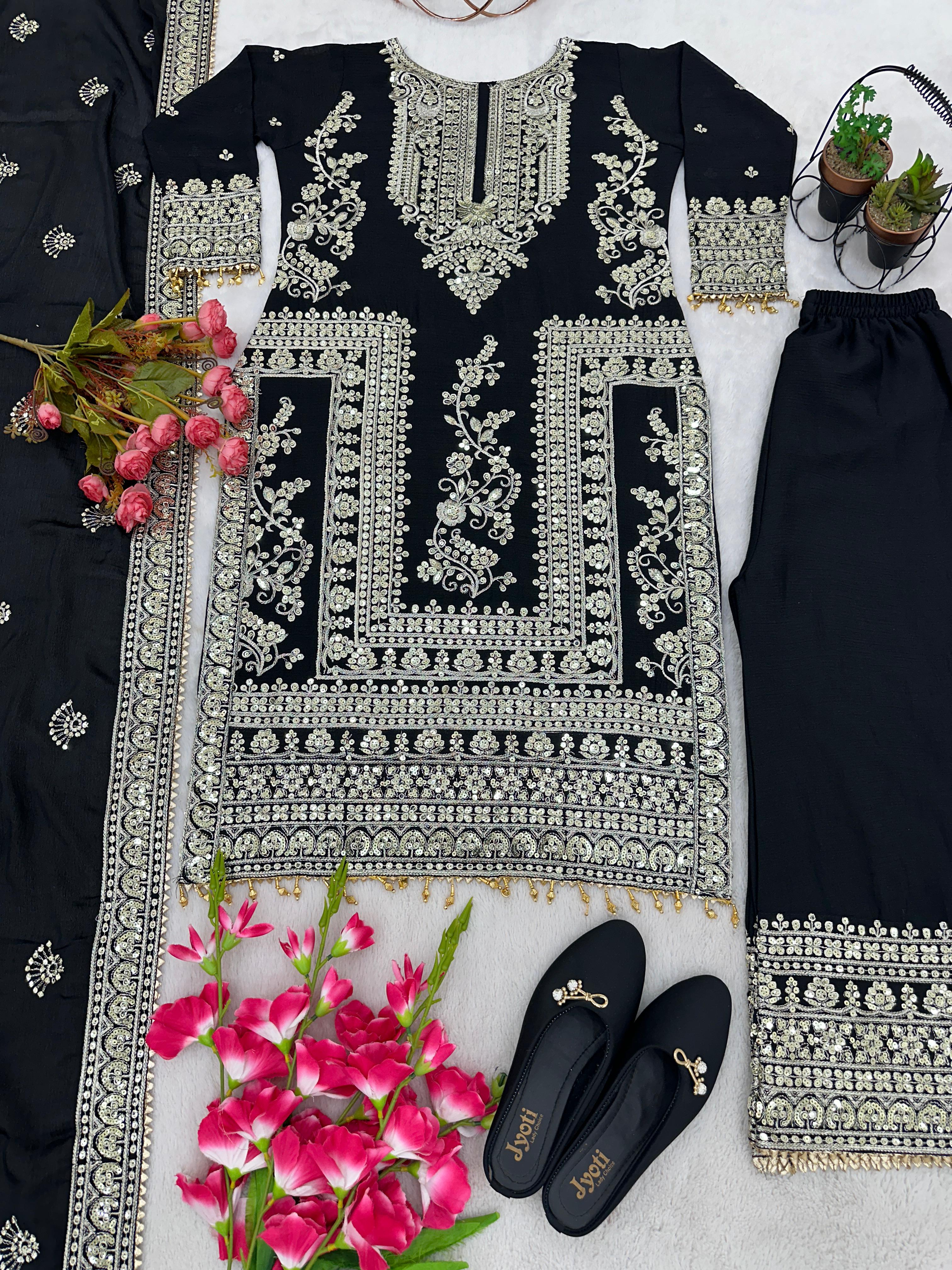 Mesmerizing  Embroidery Work Black Color Sharara Suit