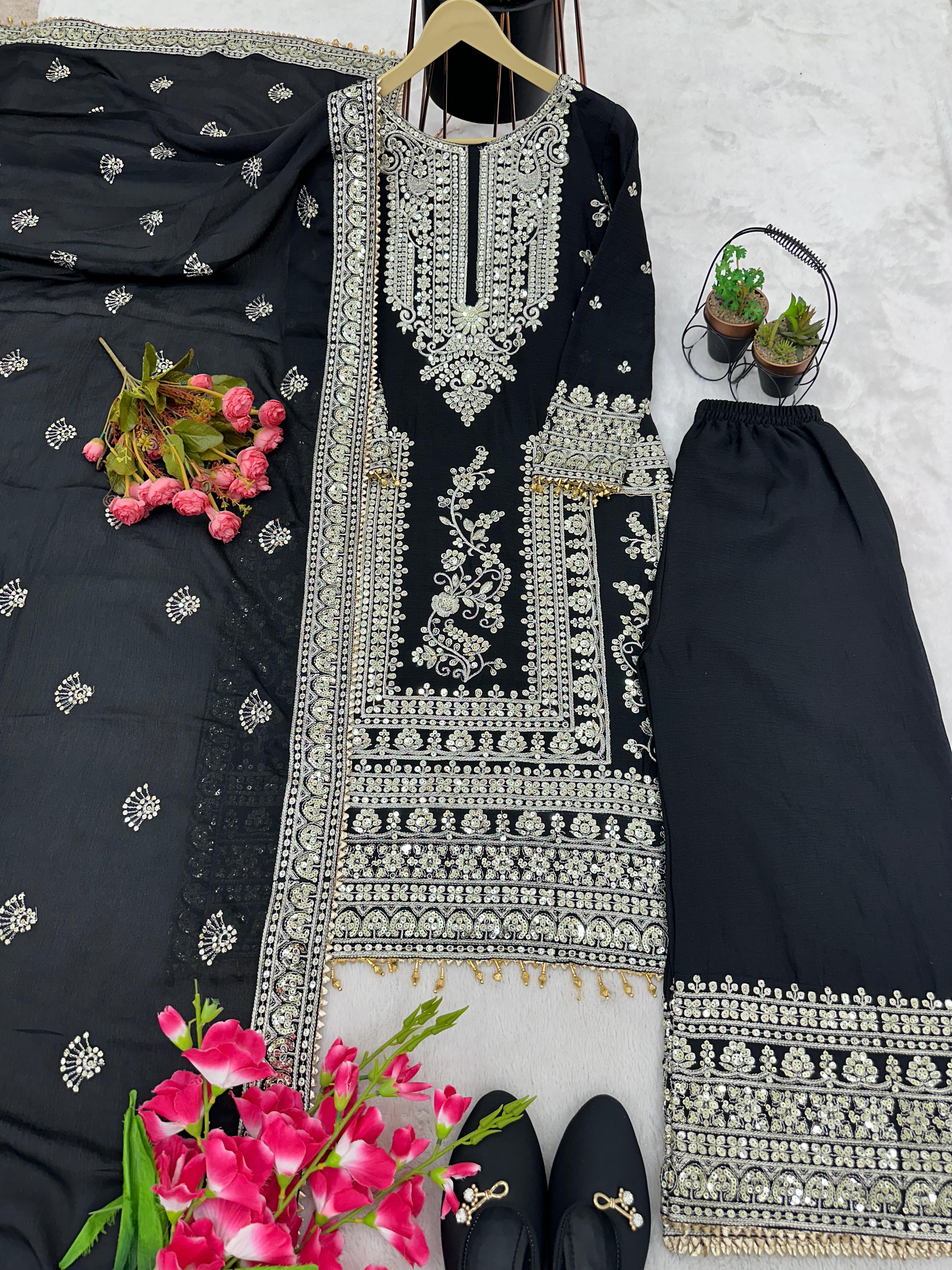 Mesmerizing  Embroidery Work Black Color Sharara Suit